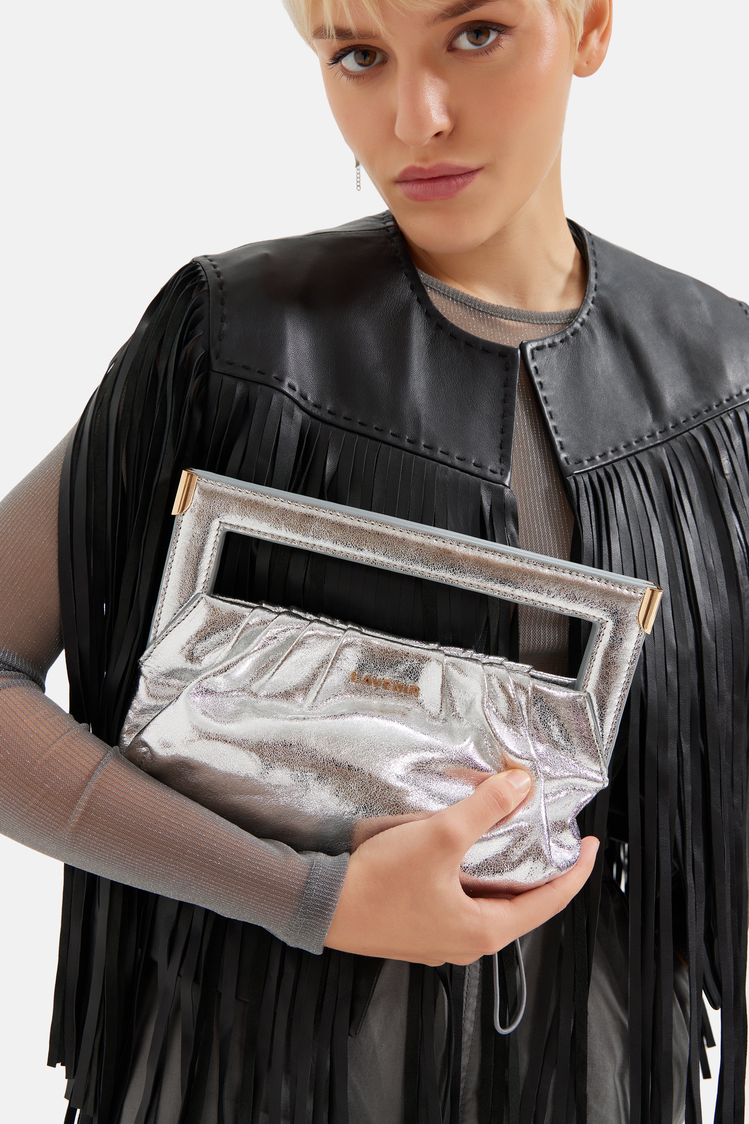 Shiny silver best sale clutch bag