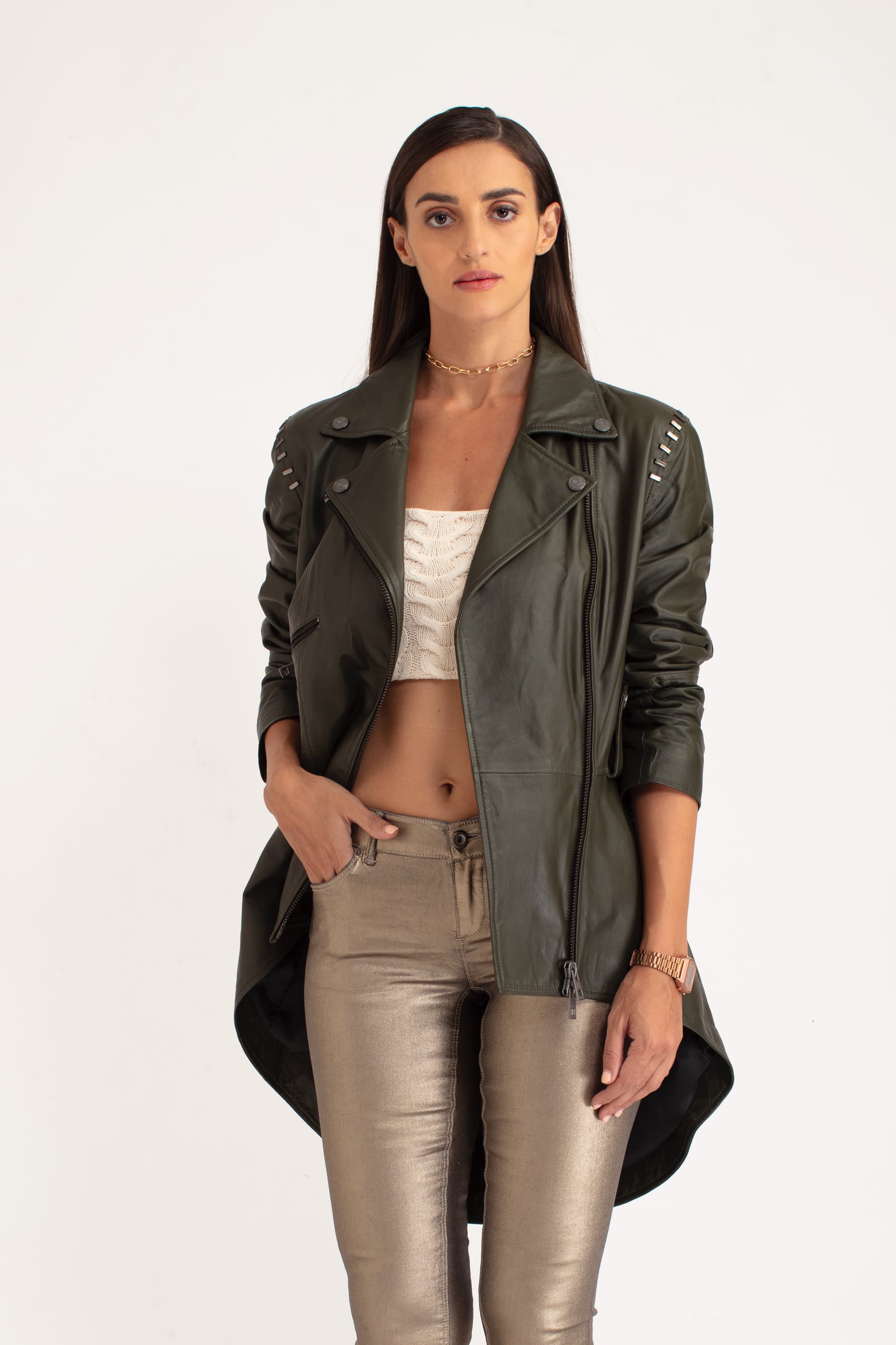 Khaki leather sale biker jacket