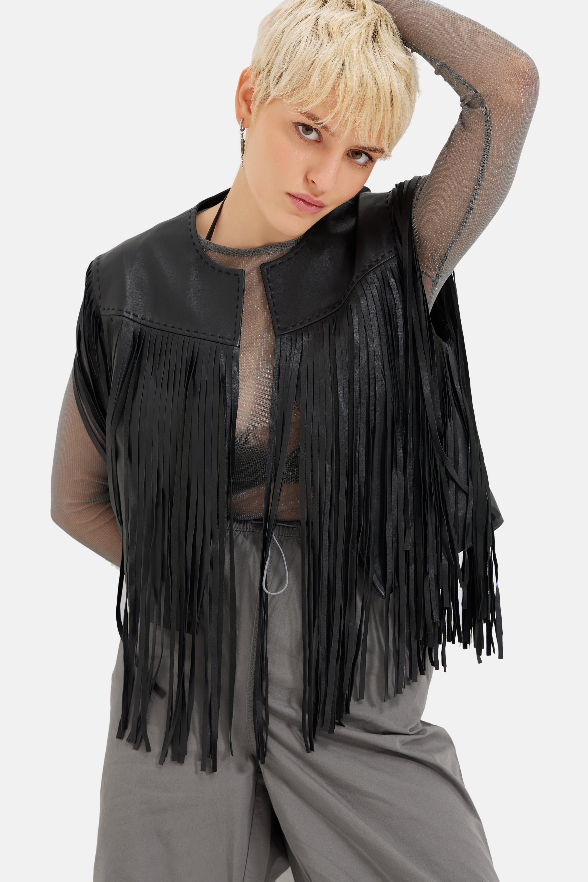 Klara - Leather Fringed Jacket - Black