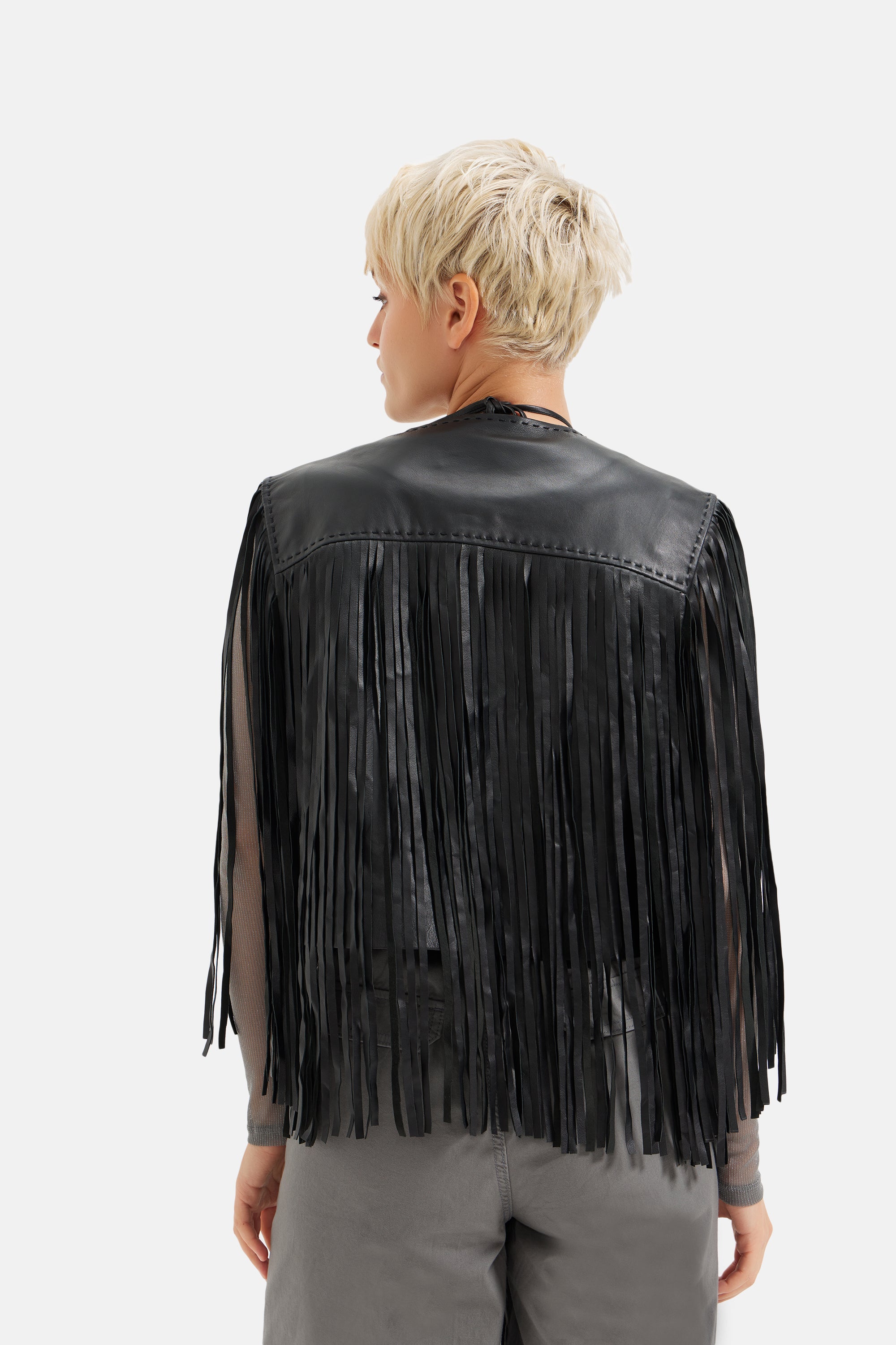 Klara - Leather Fringed Jacket - Black