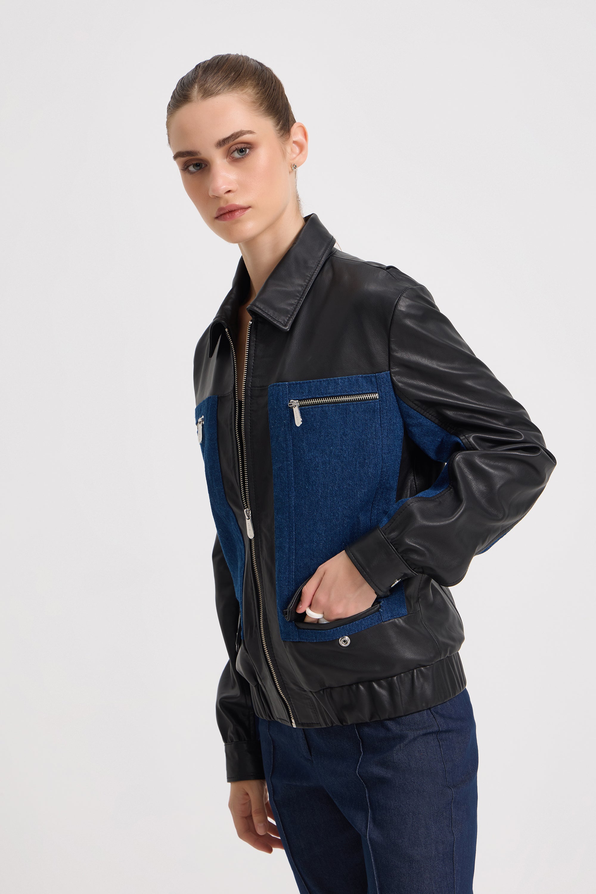 Denis - Unisex Leather X Denim Jacket