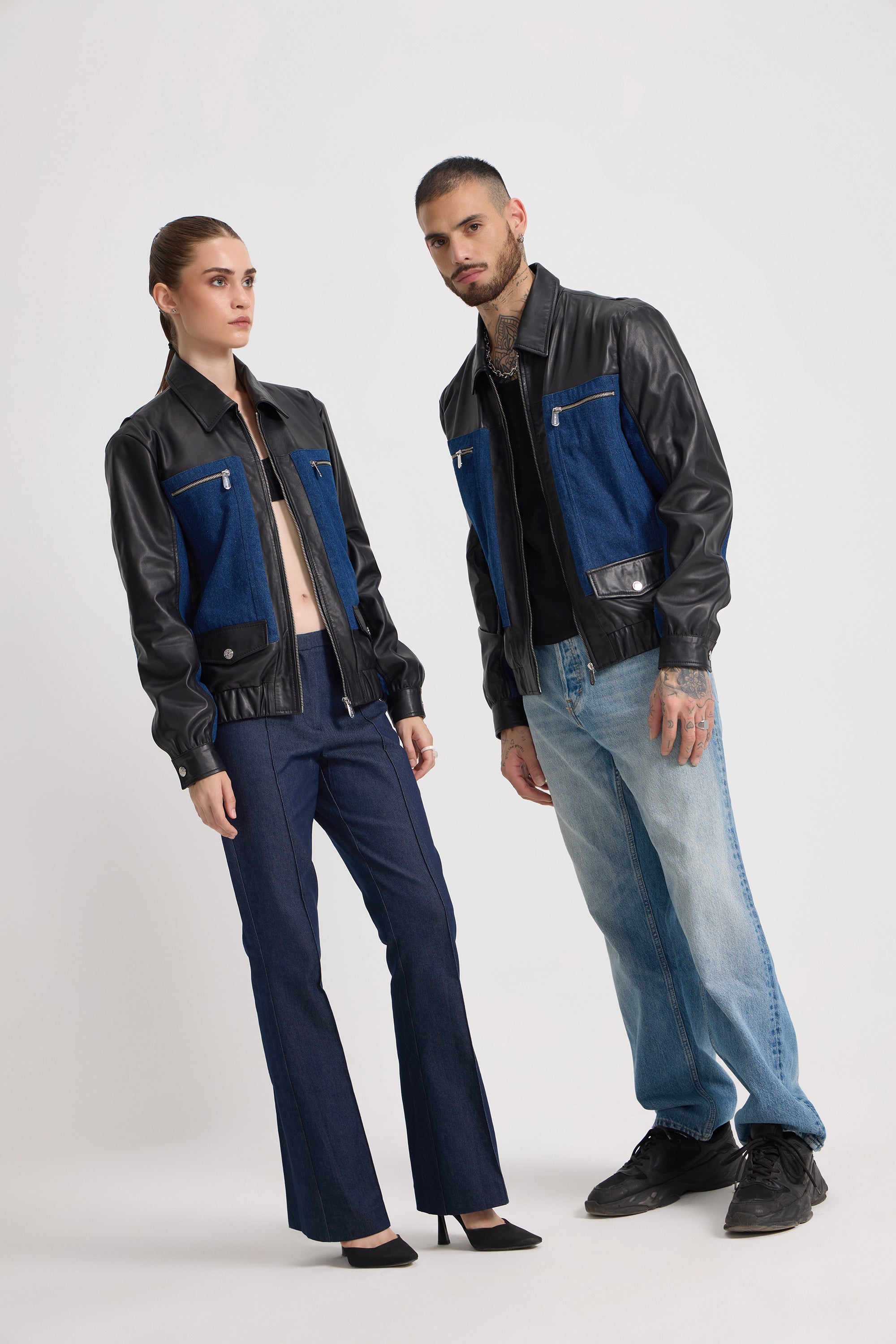 Denis - Unisex Leather X Denim Jacket