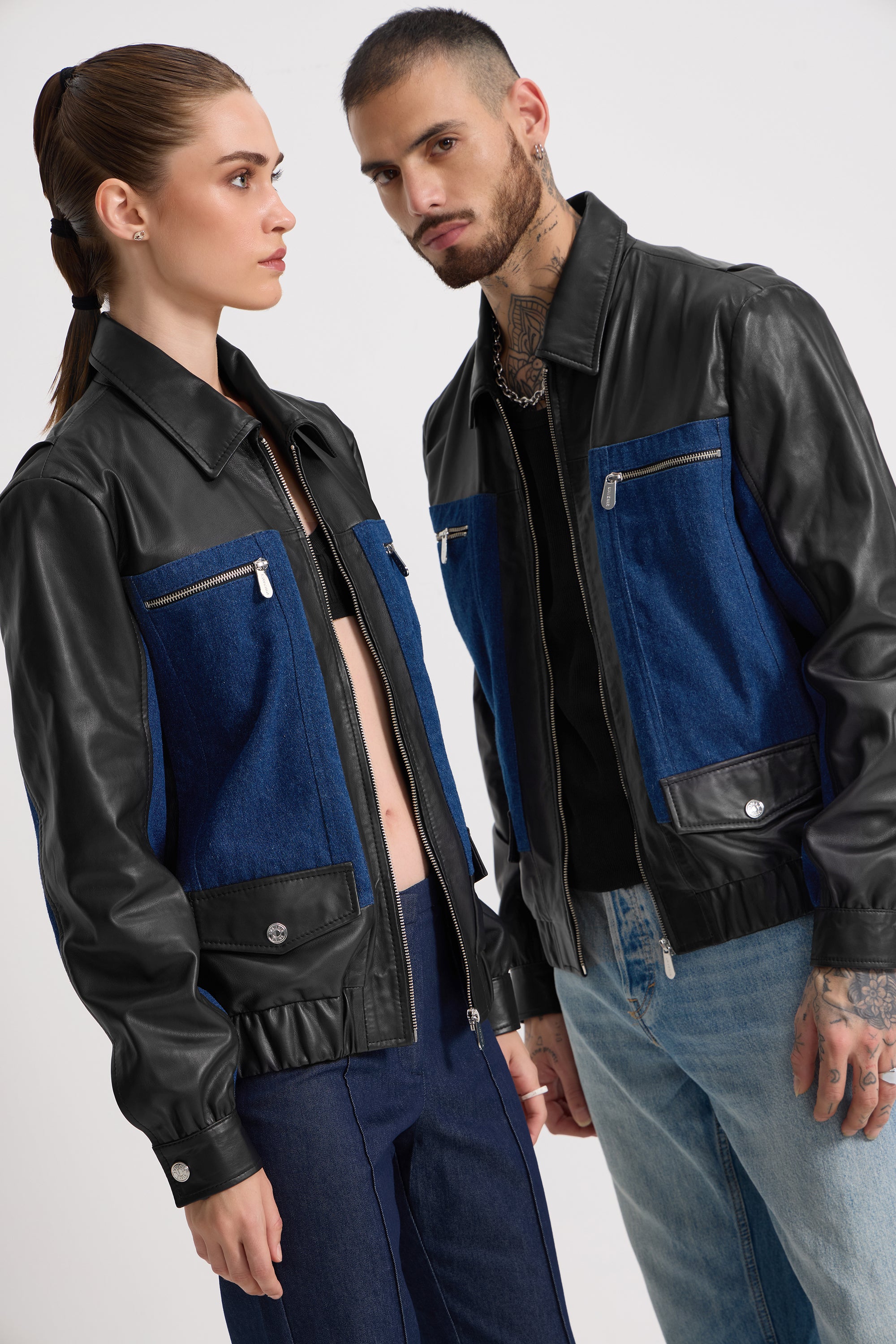 Denis - Unisex Leather X Denim Jacket