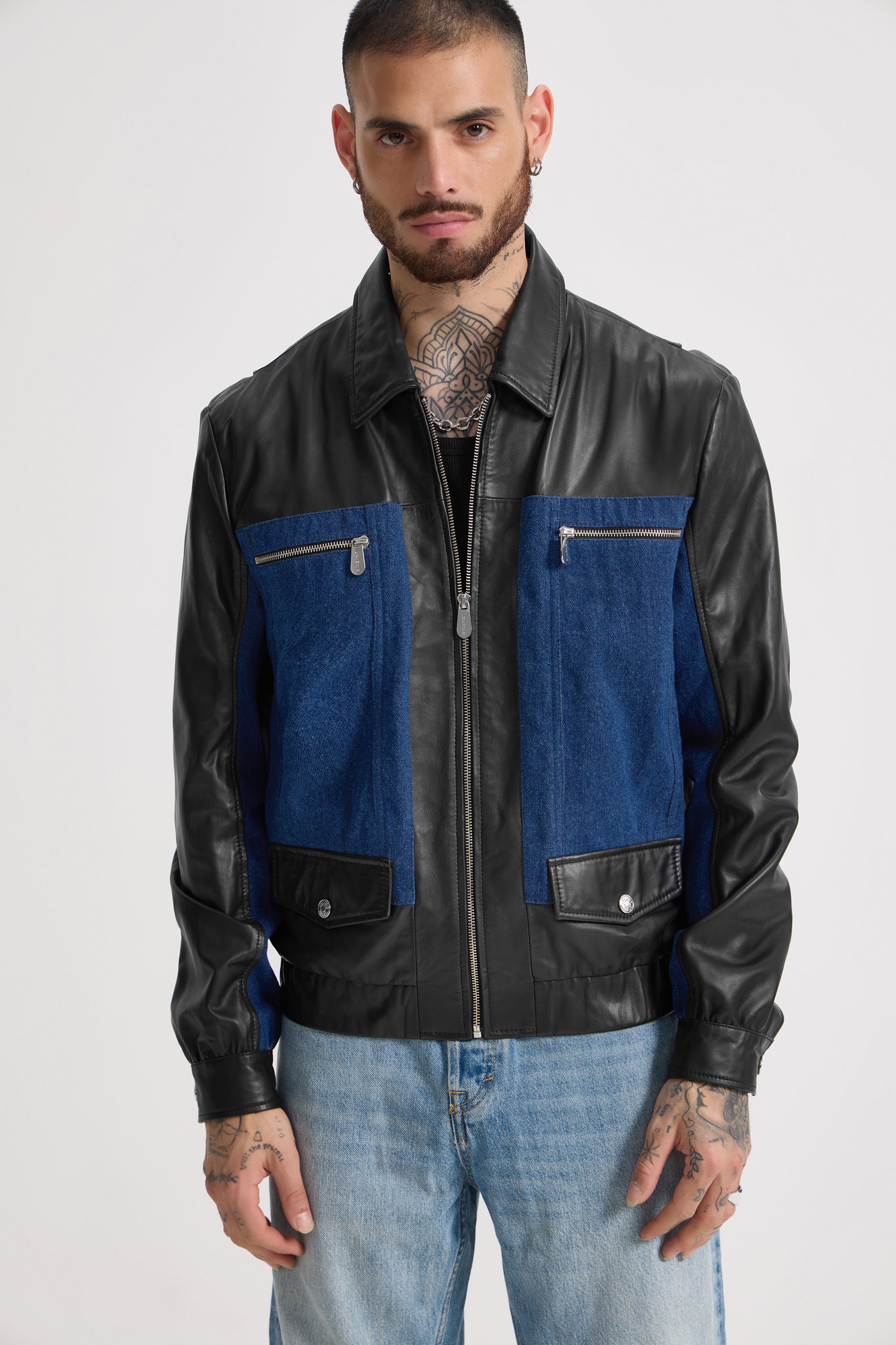 Denis - Unisex Leather X Denim Jacket