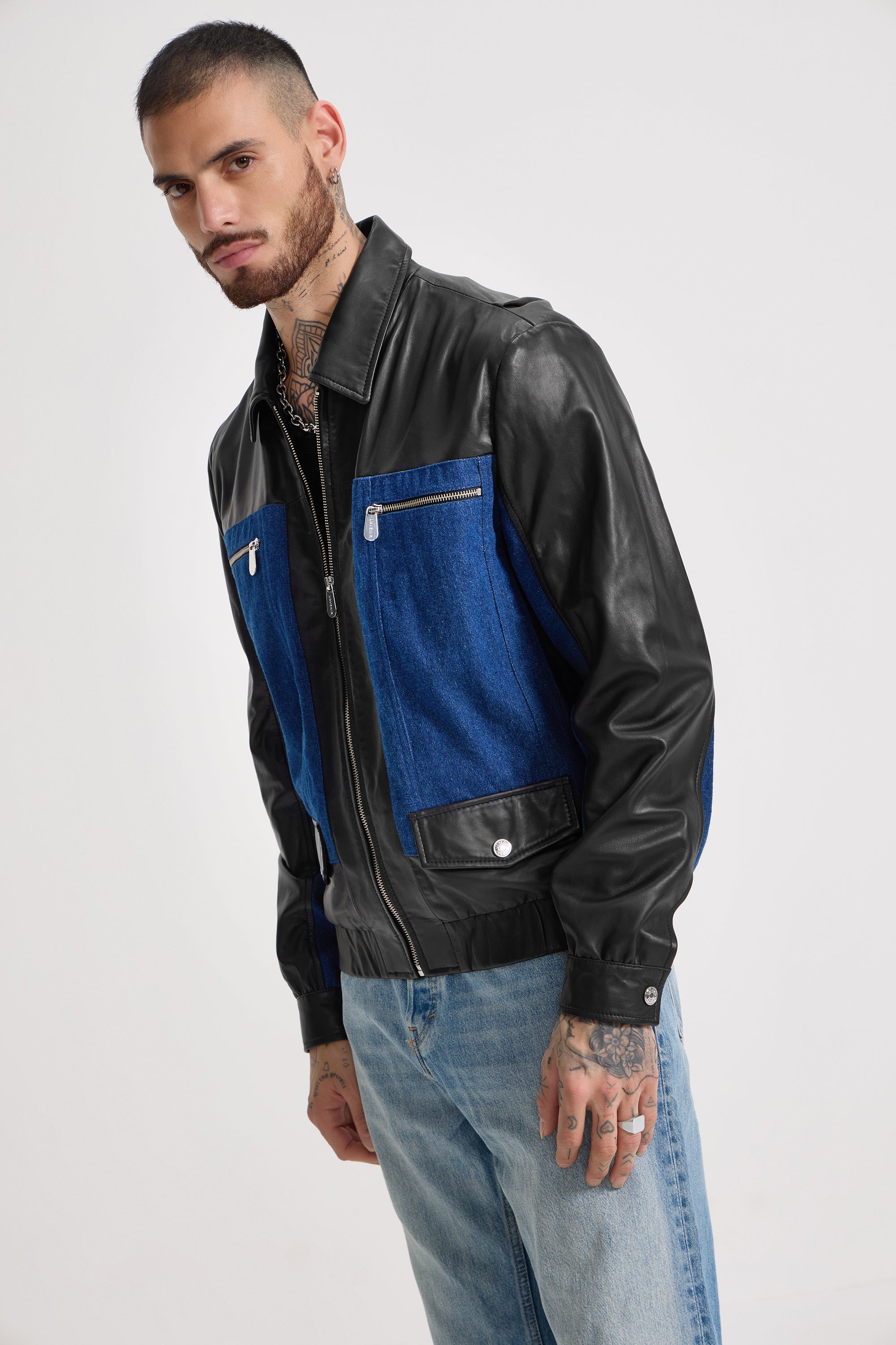 Denis - Unisex Leather X Denim Jacket