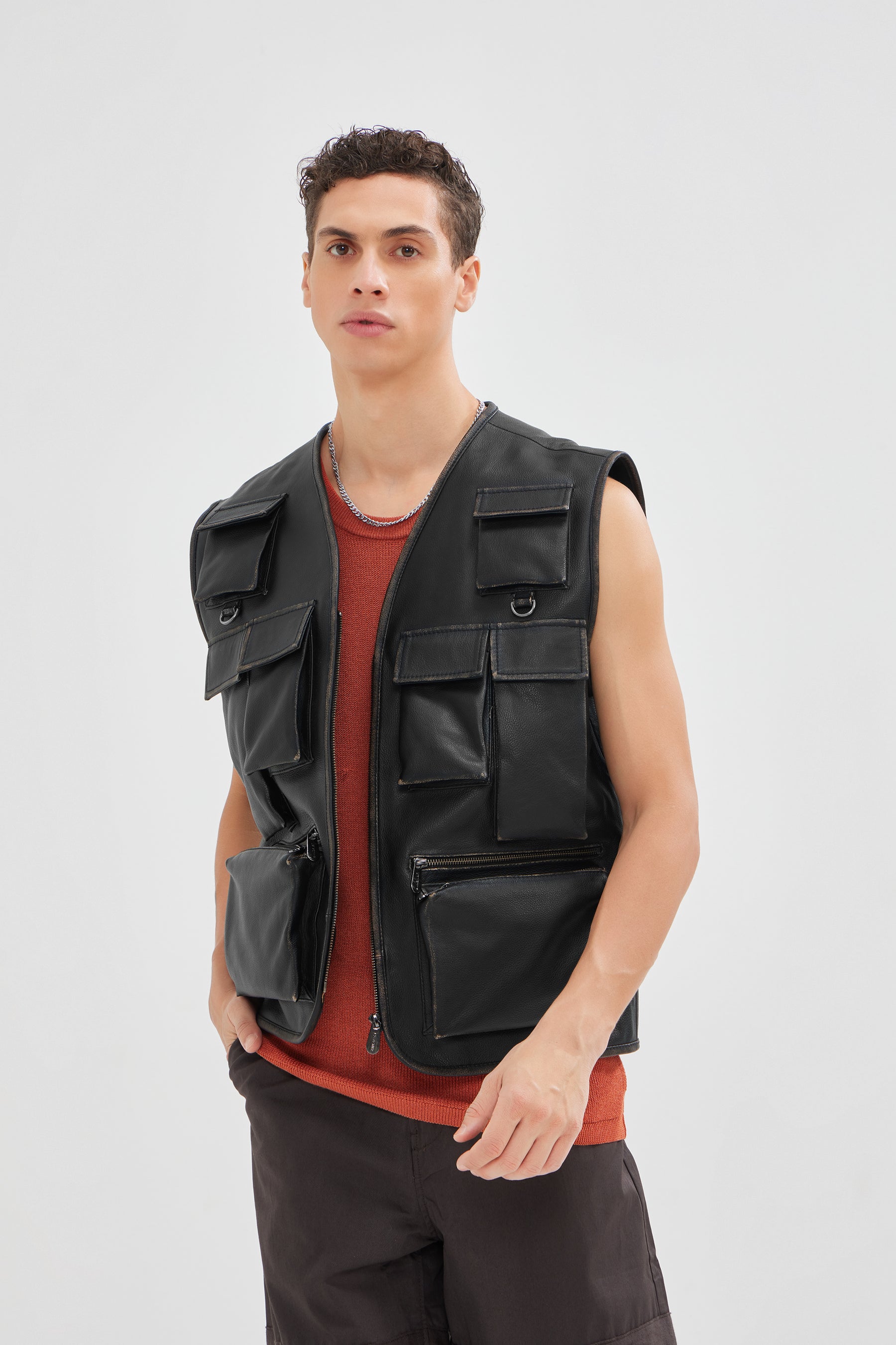 Dante - Vintage Leather Gilet With Utility Pockets