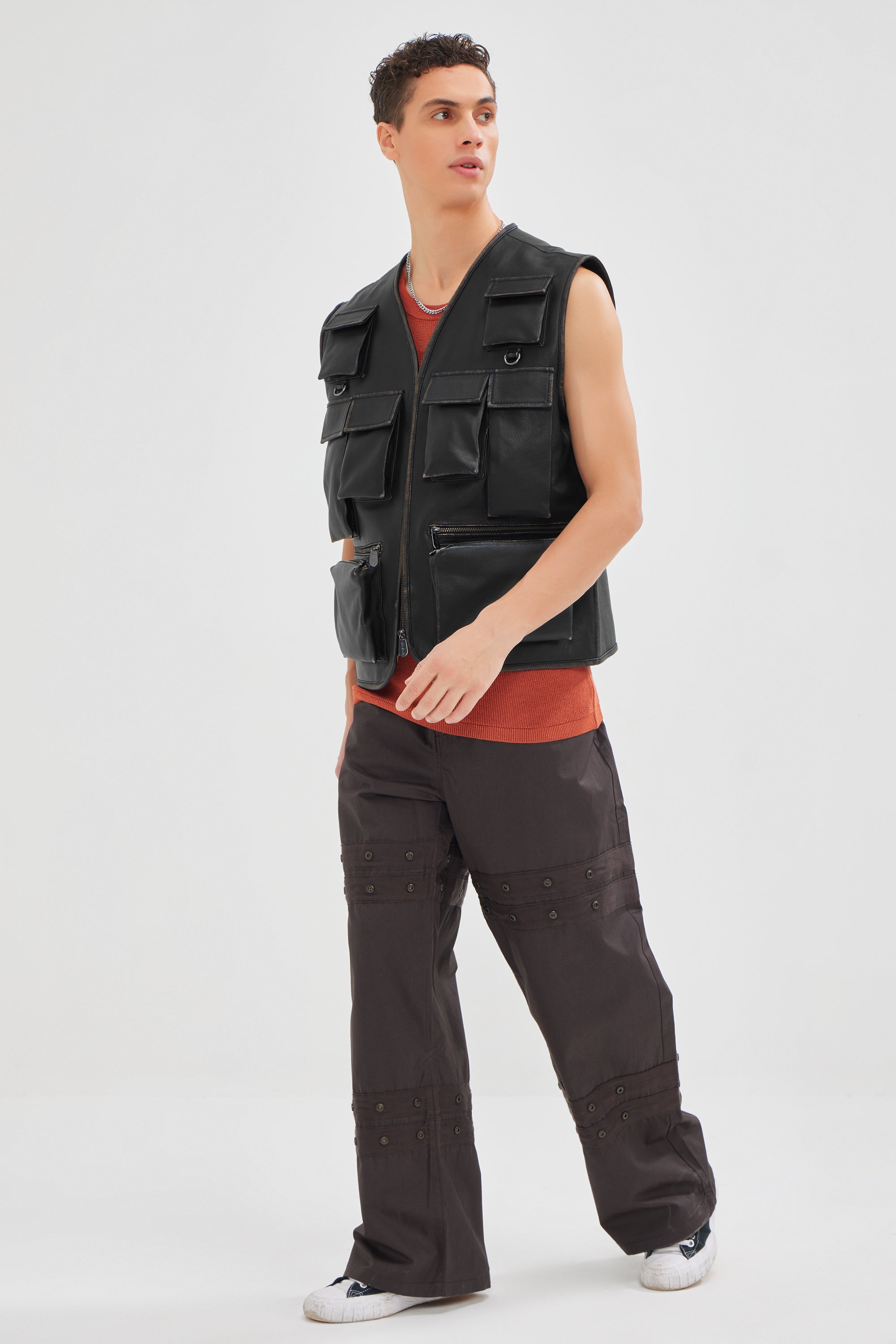 Dante - Vintage Leather Gilet With Utility Pockets