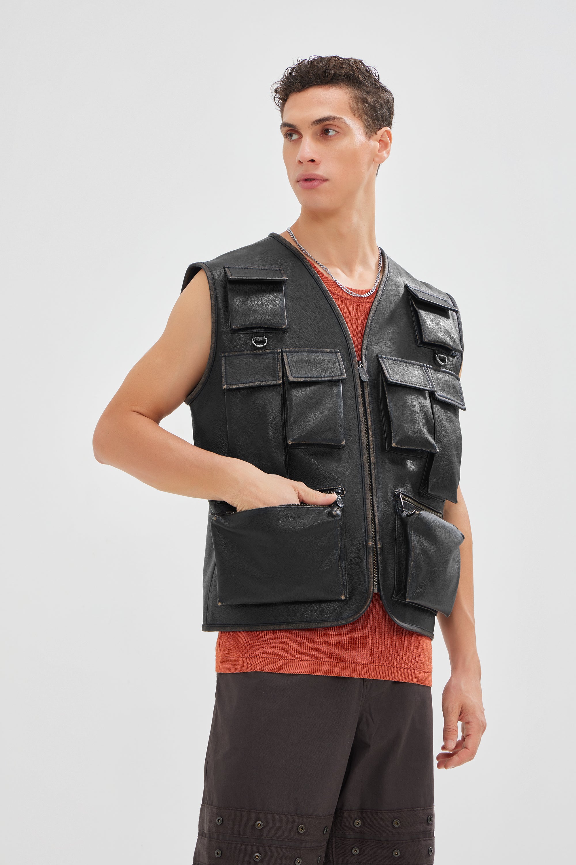 Dante - Vintage Leather Gilet With Utility Pockets