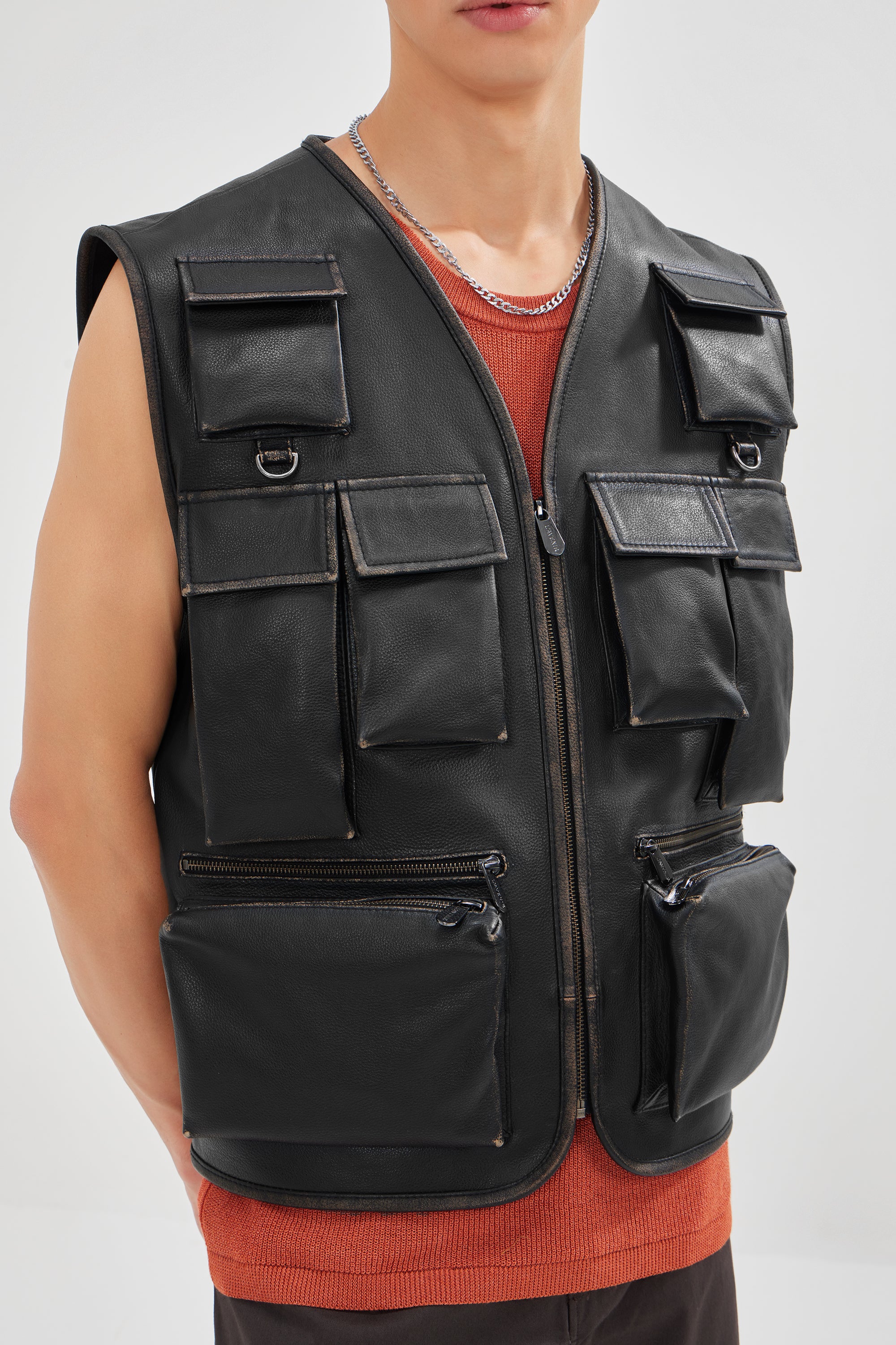 Dante - Vintage Leather Gilet With Utility Pockets