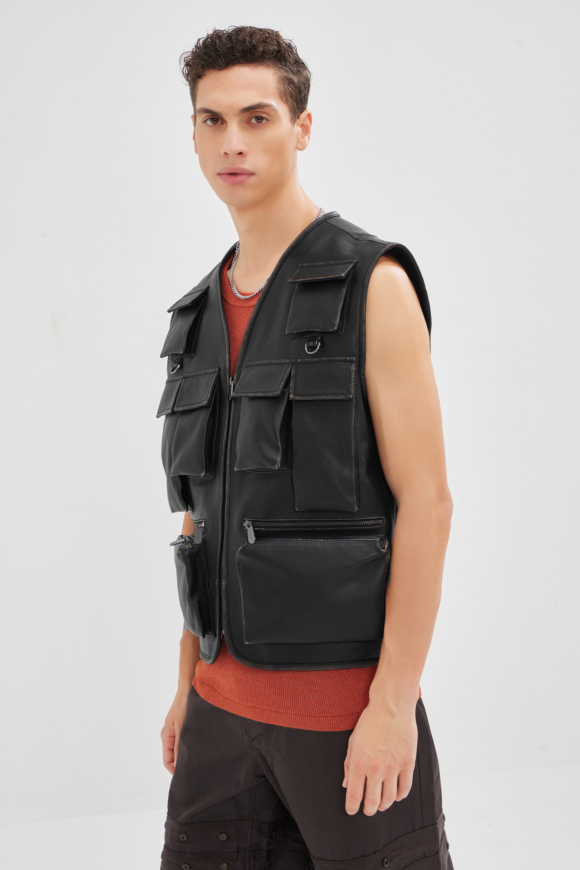 Dante - Vintage Leather Gilet With Utility Pockets