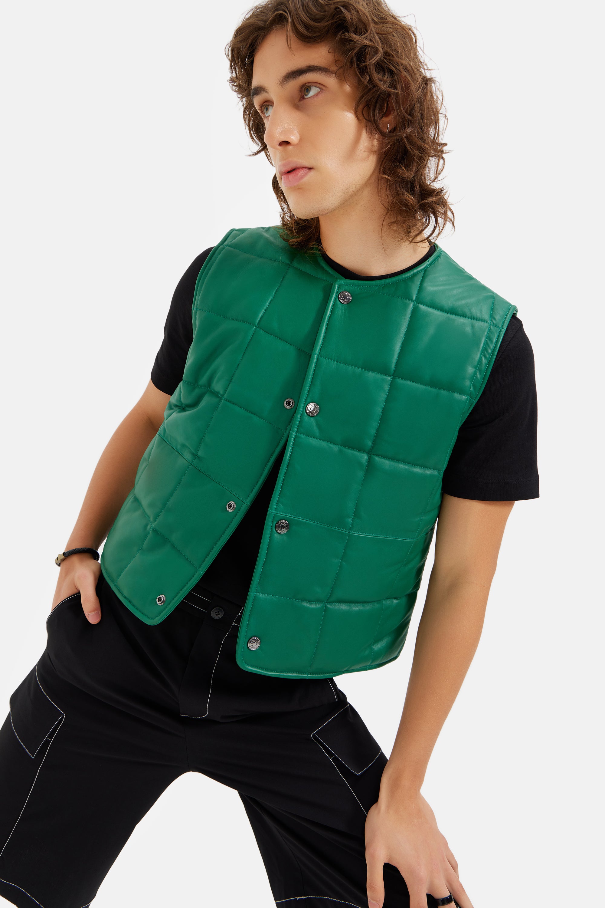 Vito - Quilted Leather Vest - Emerald Green