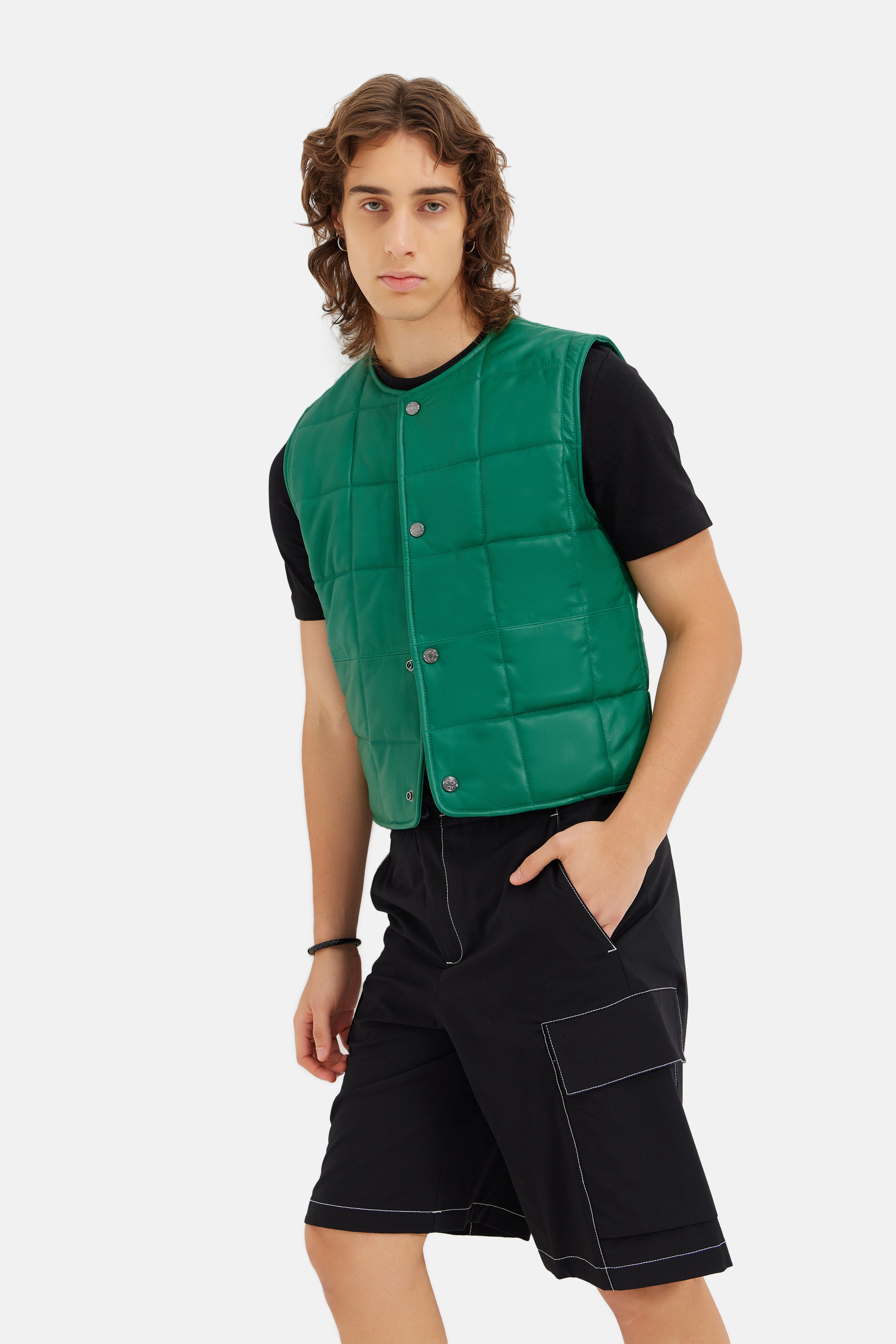 Vito - Quilted Leather Vest - Emerald Green