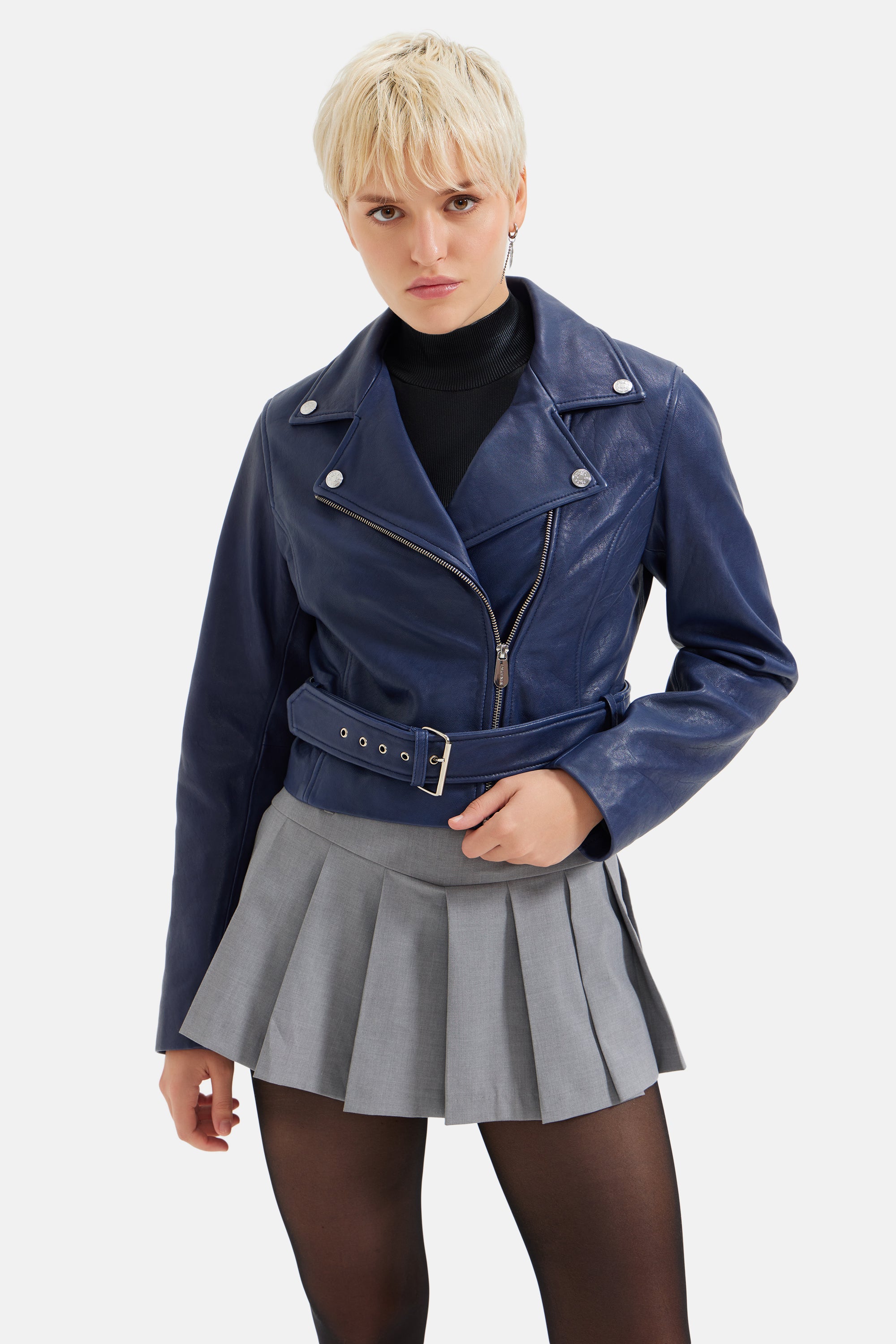 Ellis - Leather Biker Jacket - Navy Blue