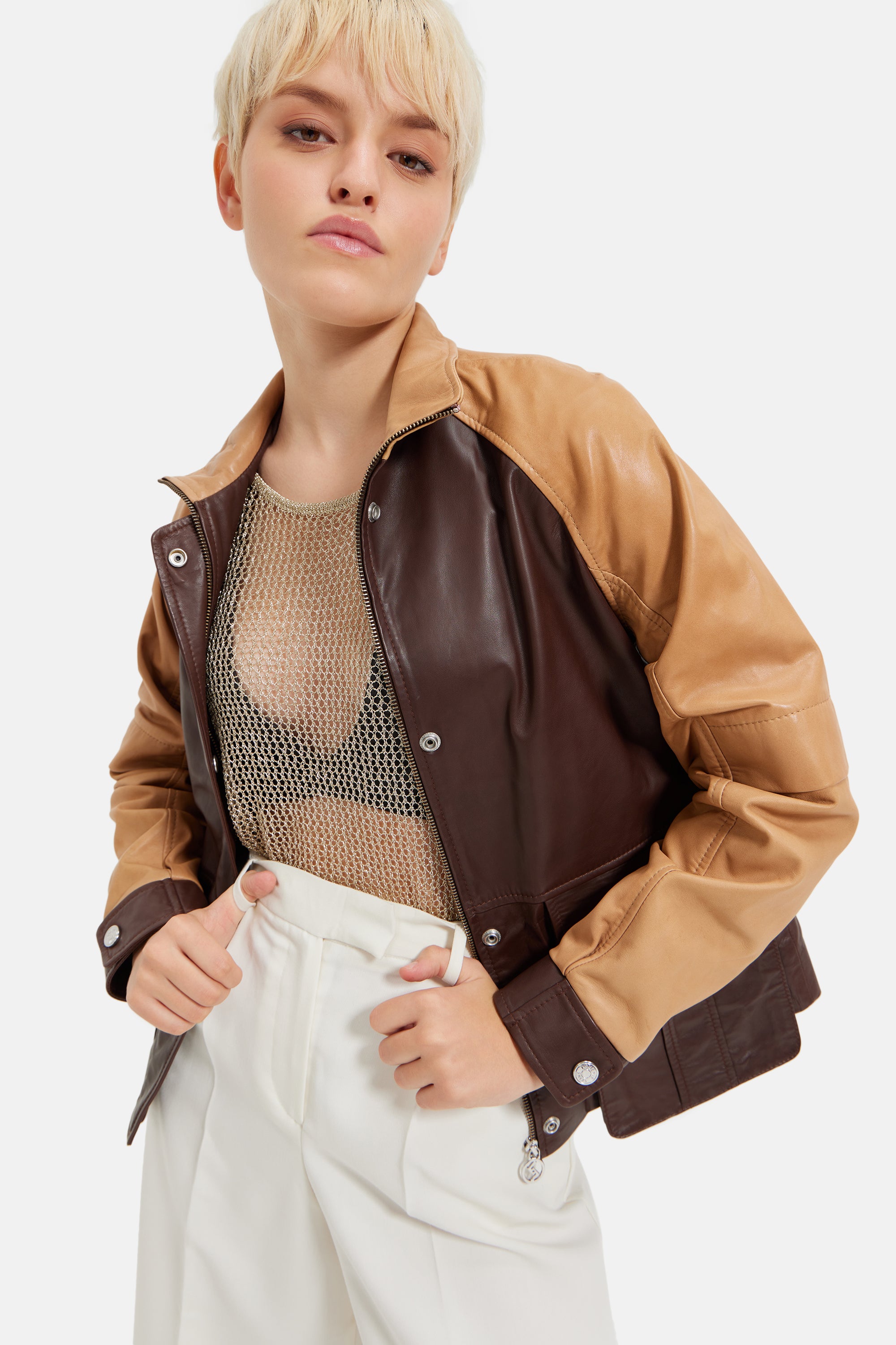 Arya - Dual Tone Leather Zipper Jacket - Sand & Brown