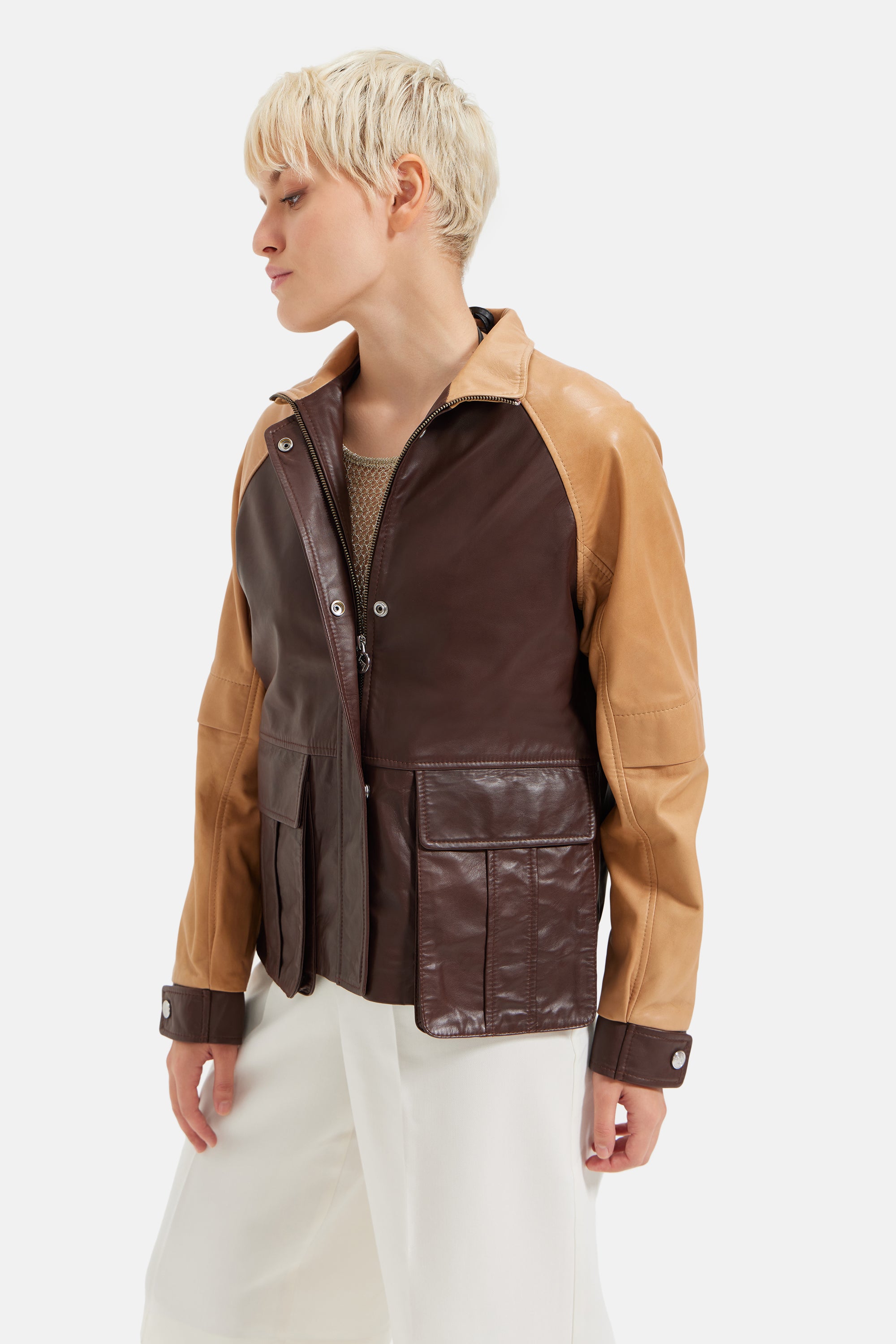 Arya - Dual Tone Leather Zipper Jacket - Sand & Brown