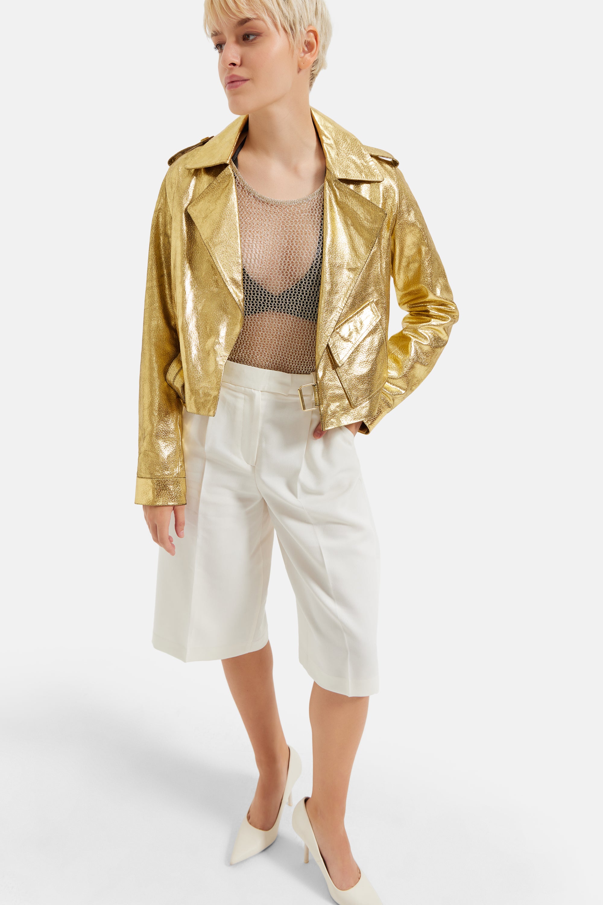 Harmonie - Metallic Leather Biker Jacket - Gold Metallic