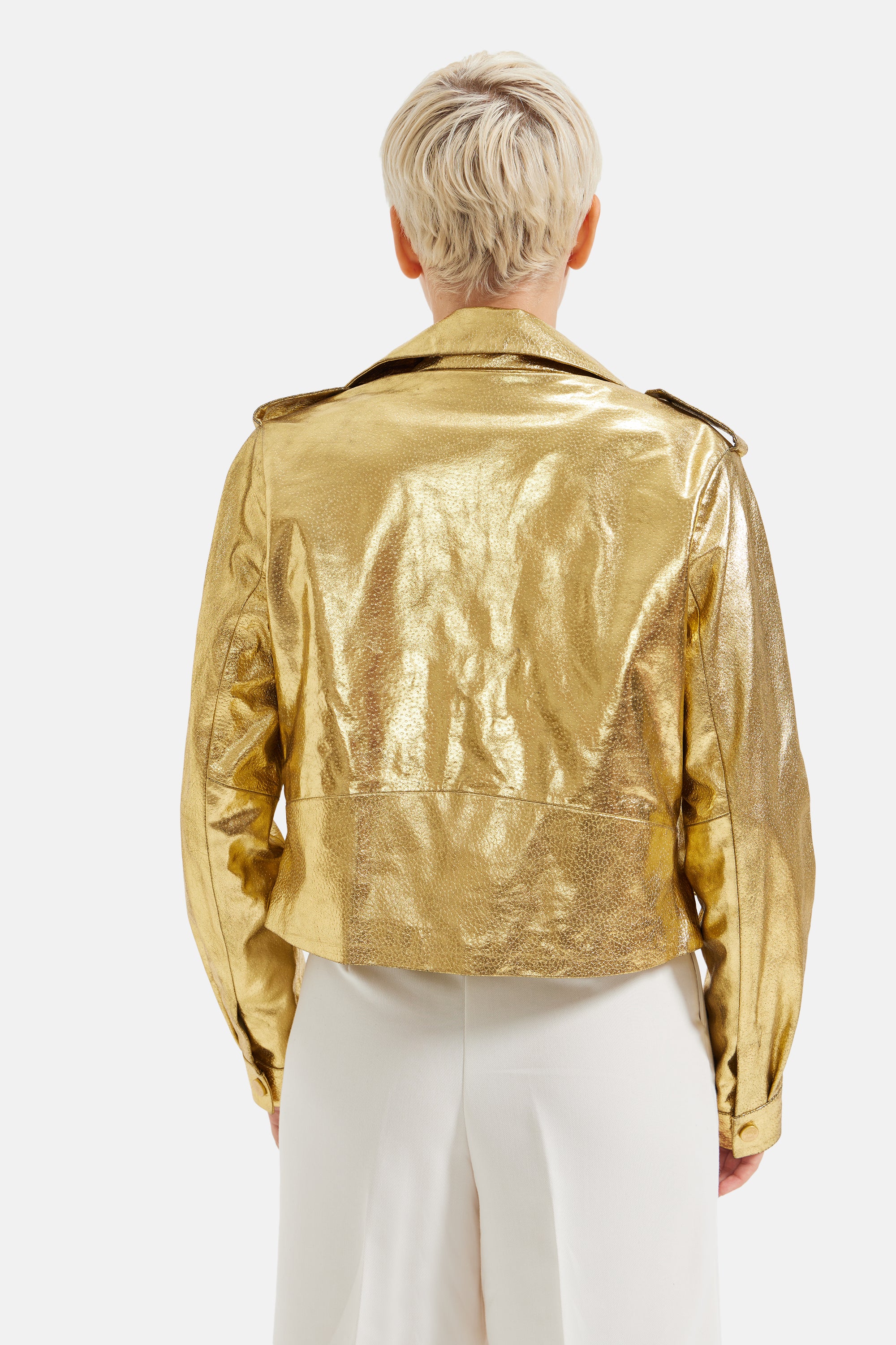 Harmonie - Metallic Leather Biker Jacket - Gold Metallic