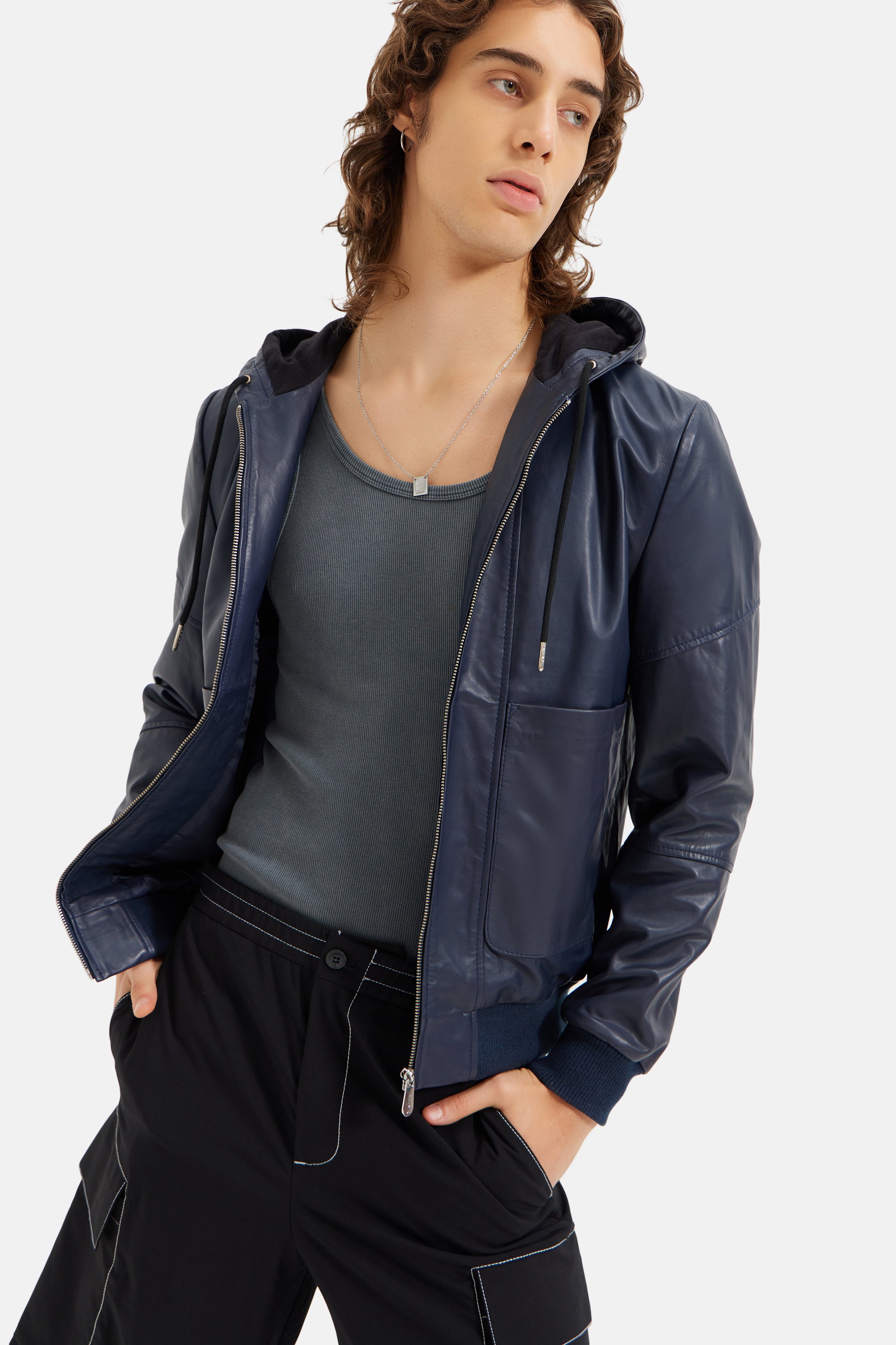 Espen - Leather Hooded Zipper Jacket - Navy Blue