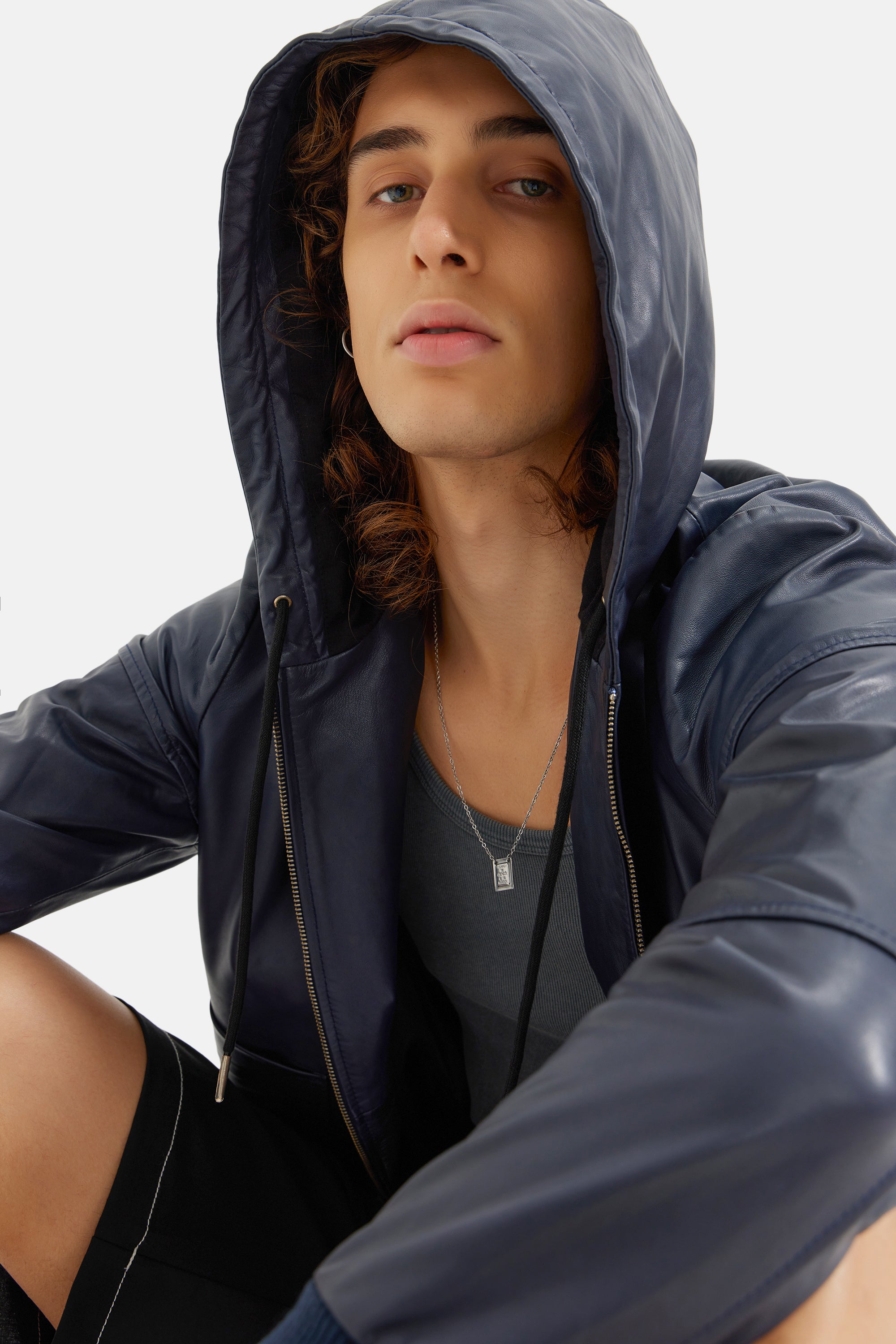 Espen - Leather Hooded Zipper Jacket - Navy Blue