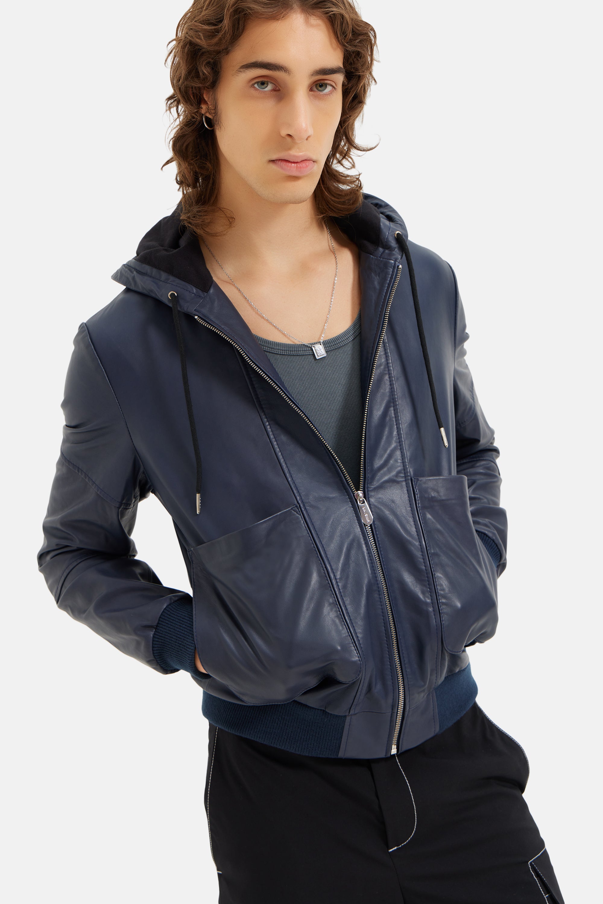 Espen - Leather Hooded Zipper Jacket - Navy Blue