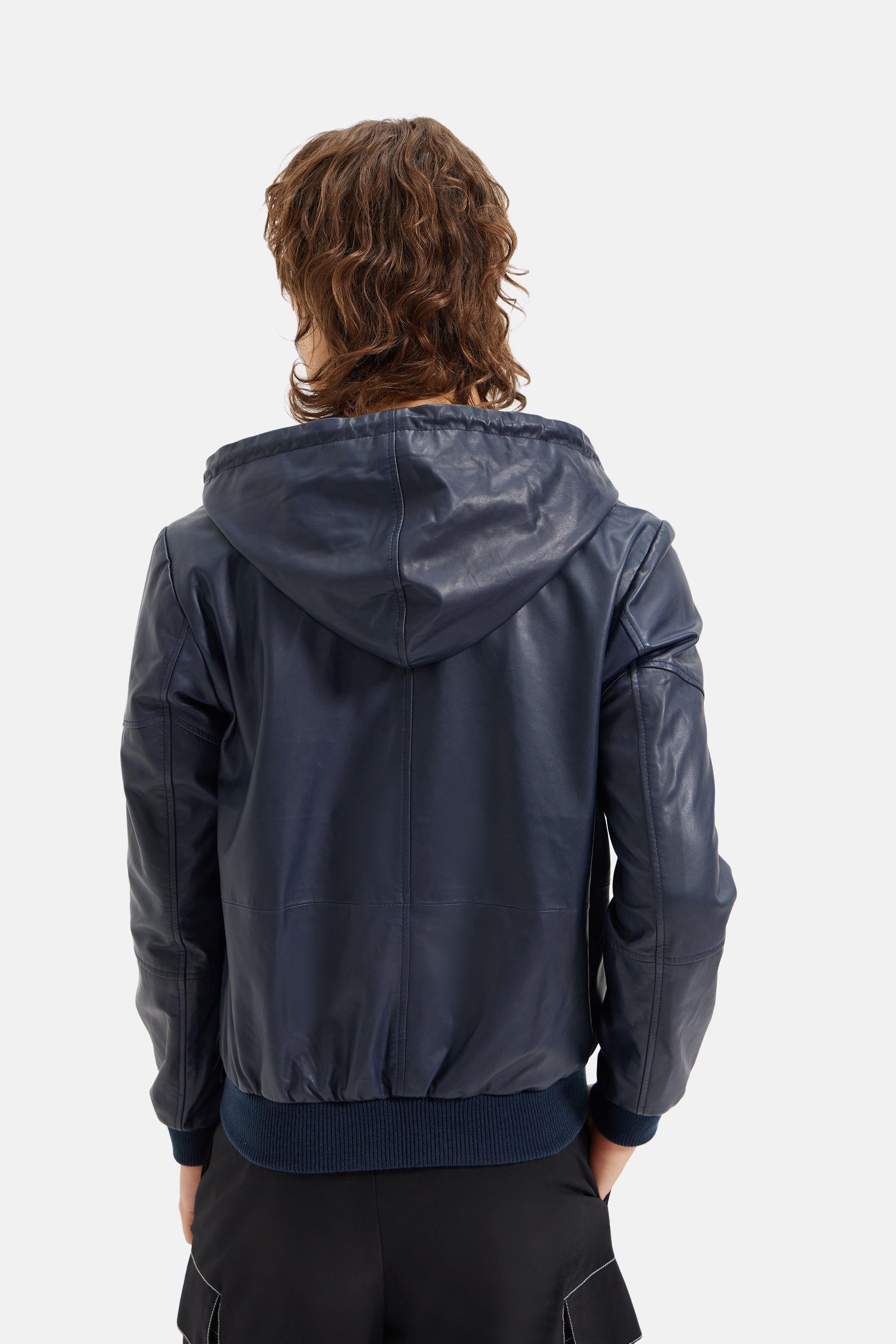 Espen - Leather Hooded Zipper Jacket - Navy Blue