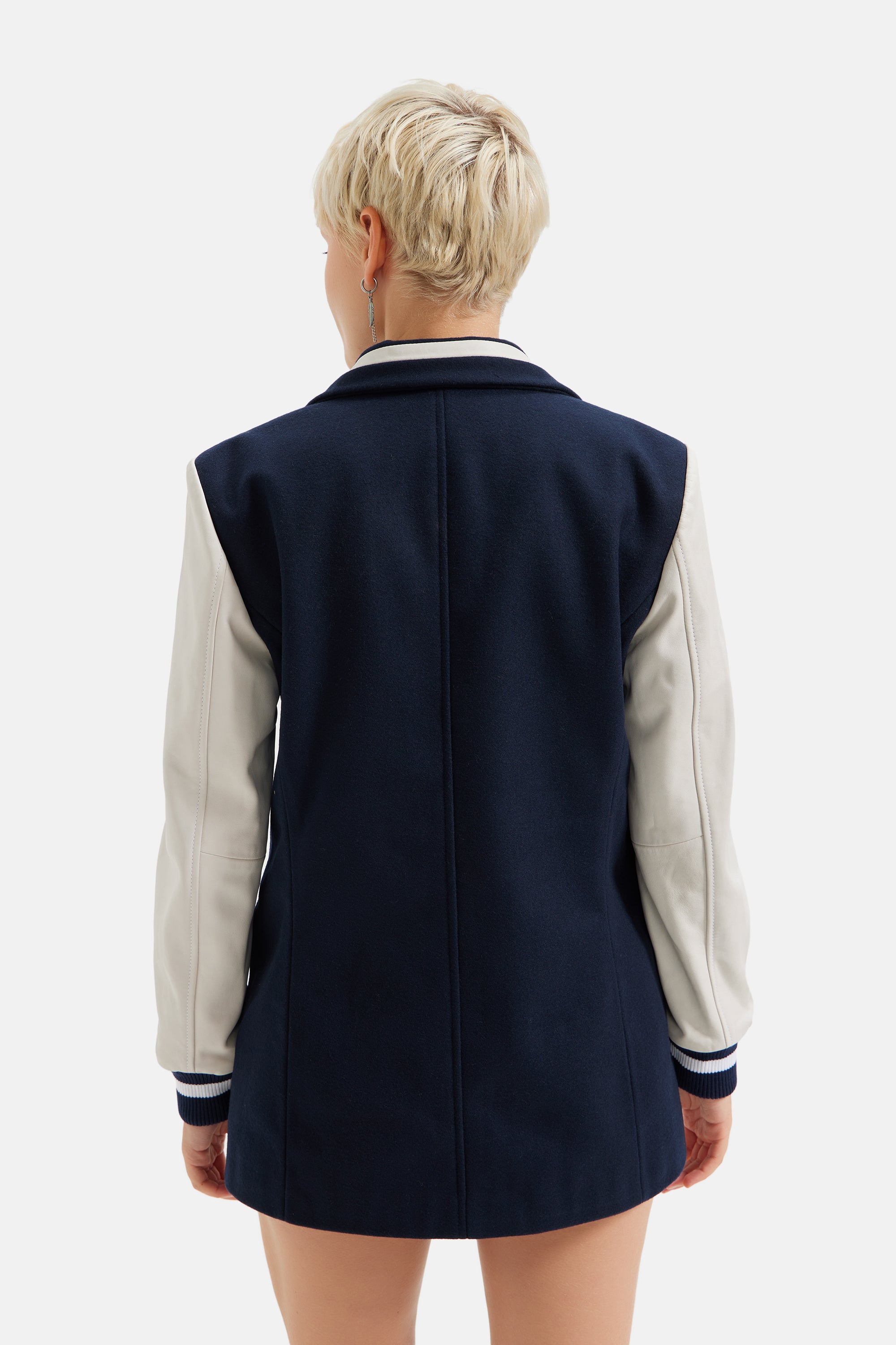 Myra - Varisty Leather Blazer - Navy Blue/White