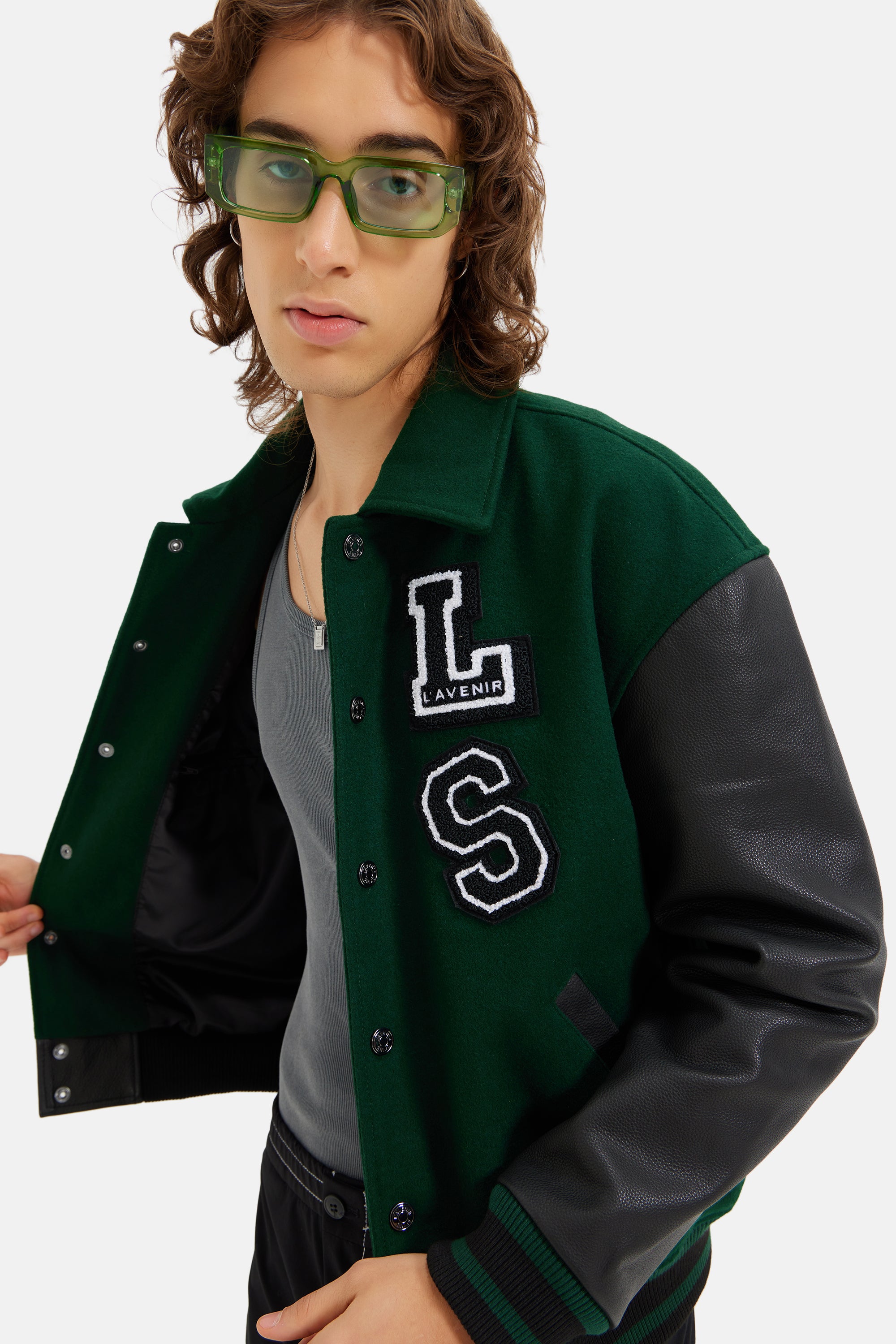 Harlem - Drop Shoulder Varsity Jacket - Forest Green & Black