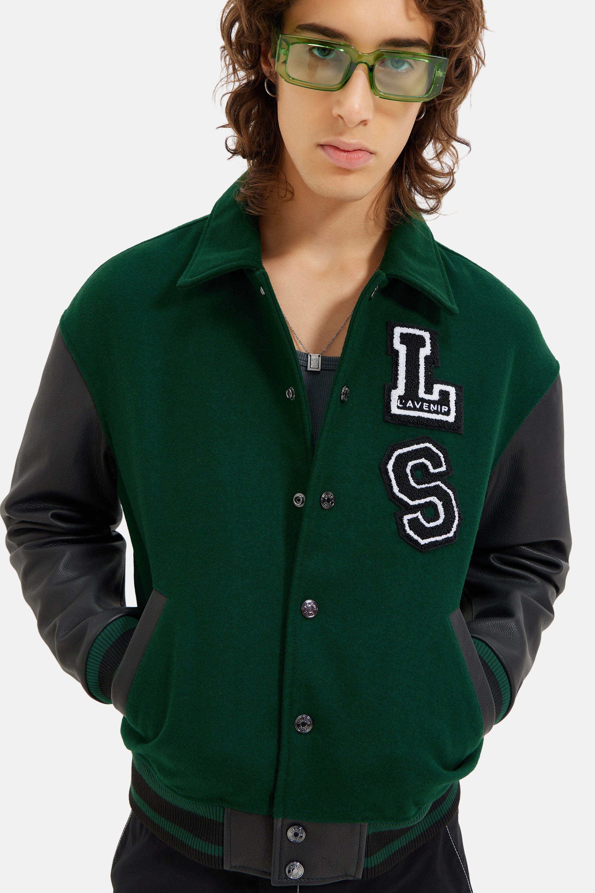 Harlem - Drop Shoulder Varsity Jacket - Forest Green & Black