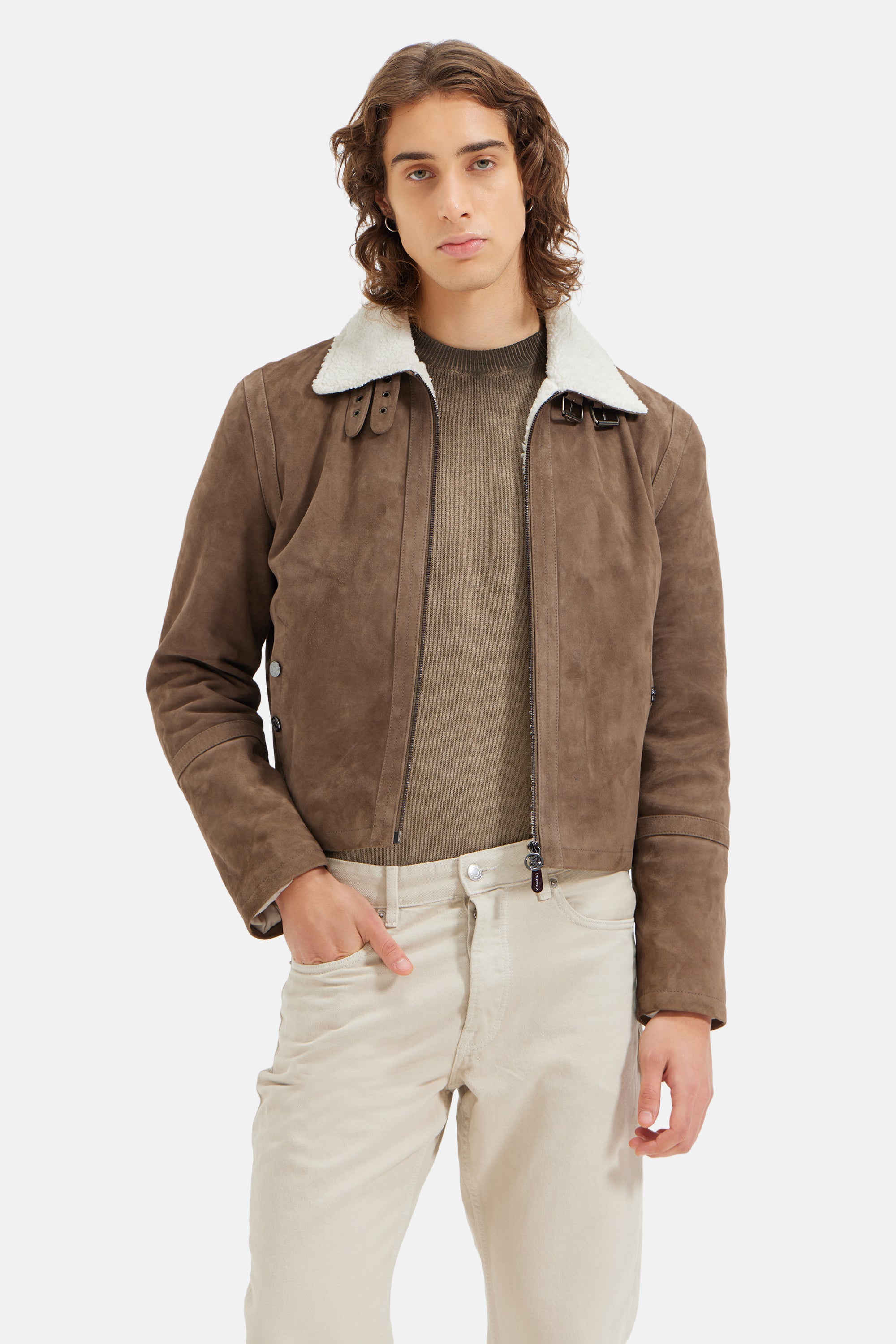 Kairo - Suede Bomber Jacket - Fur Collar - Taupe Grey