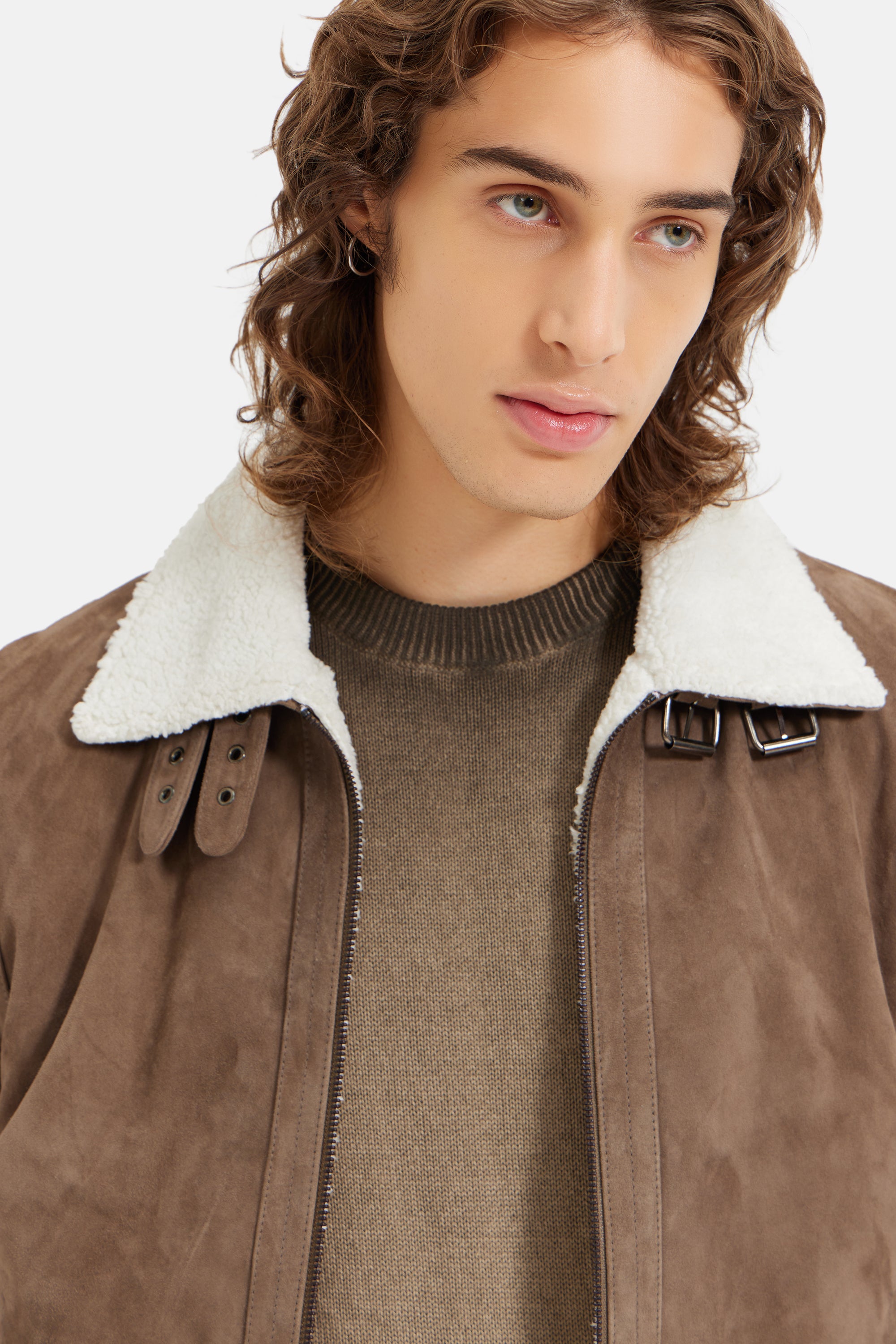 Kairo - Suede Bomber Jacket - Fur Collar - Taupe Grey