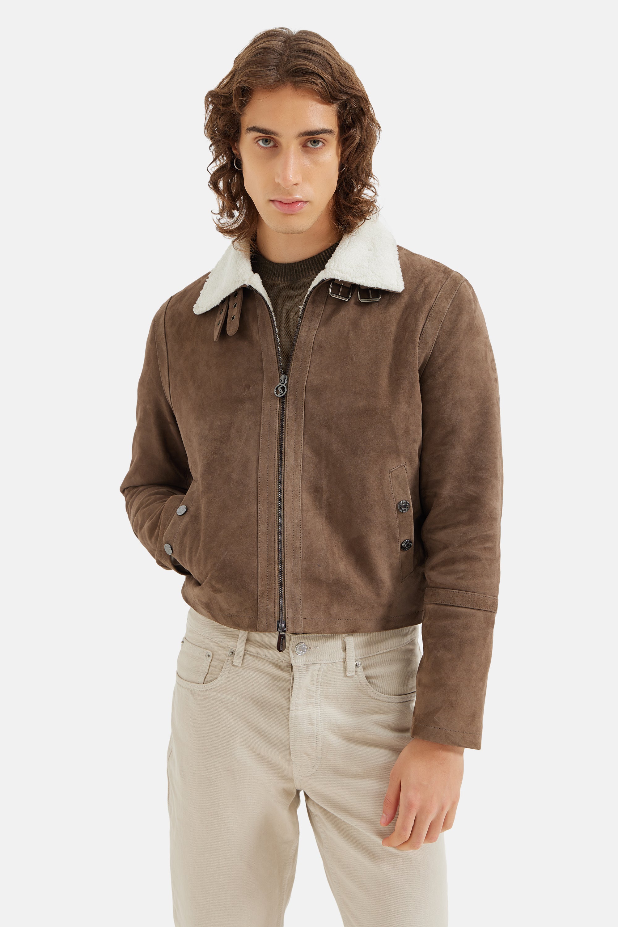 Kairo - Suede Bomber Jacket - Fur Collar - Taupe Grey