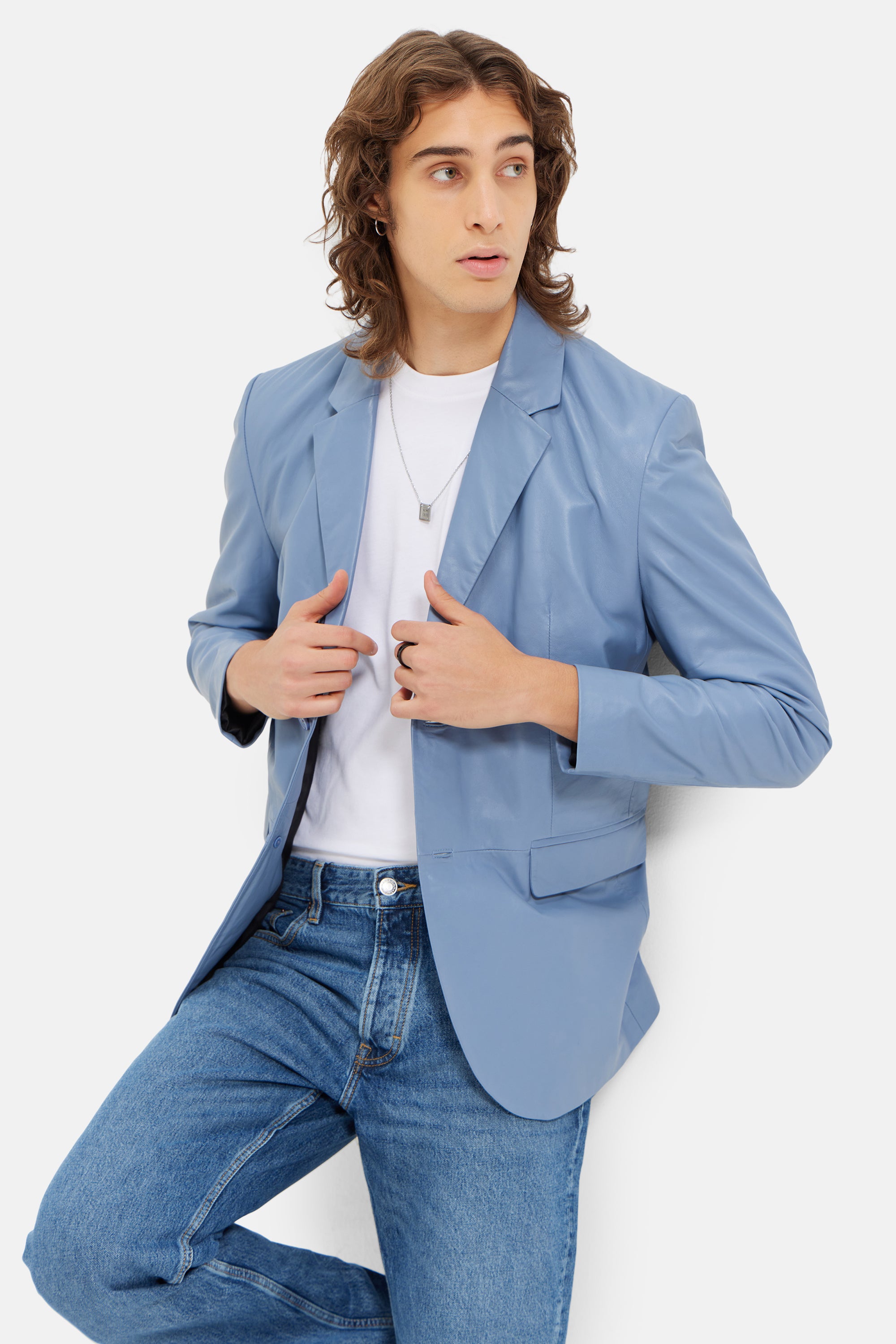 Lord - Work-wear Leather Blazer - Sky Blue