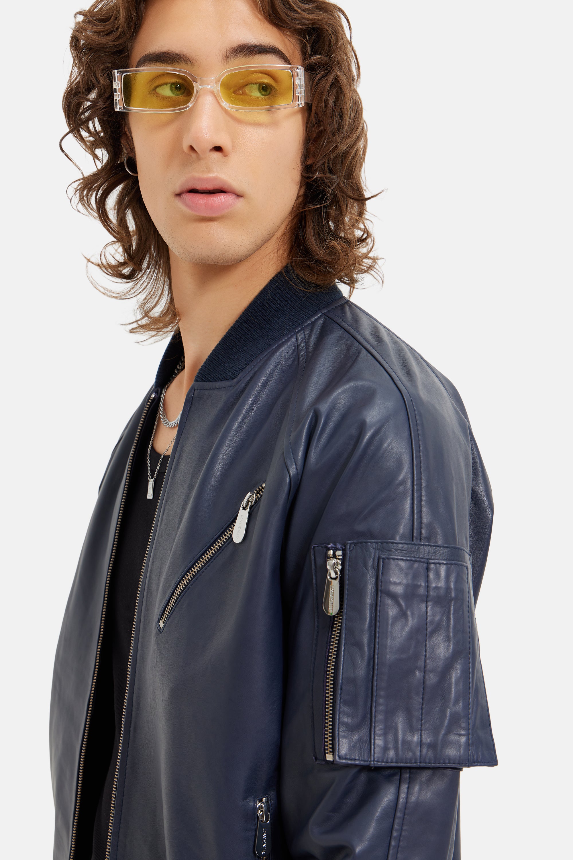 Rider - Utility Bomber Leather Jacket - Navy Blue