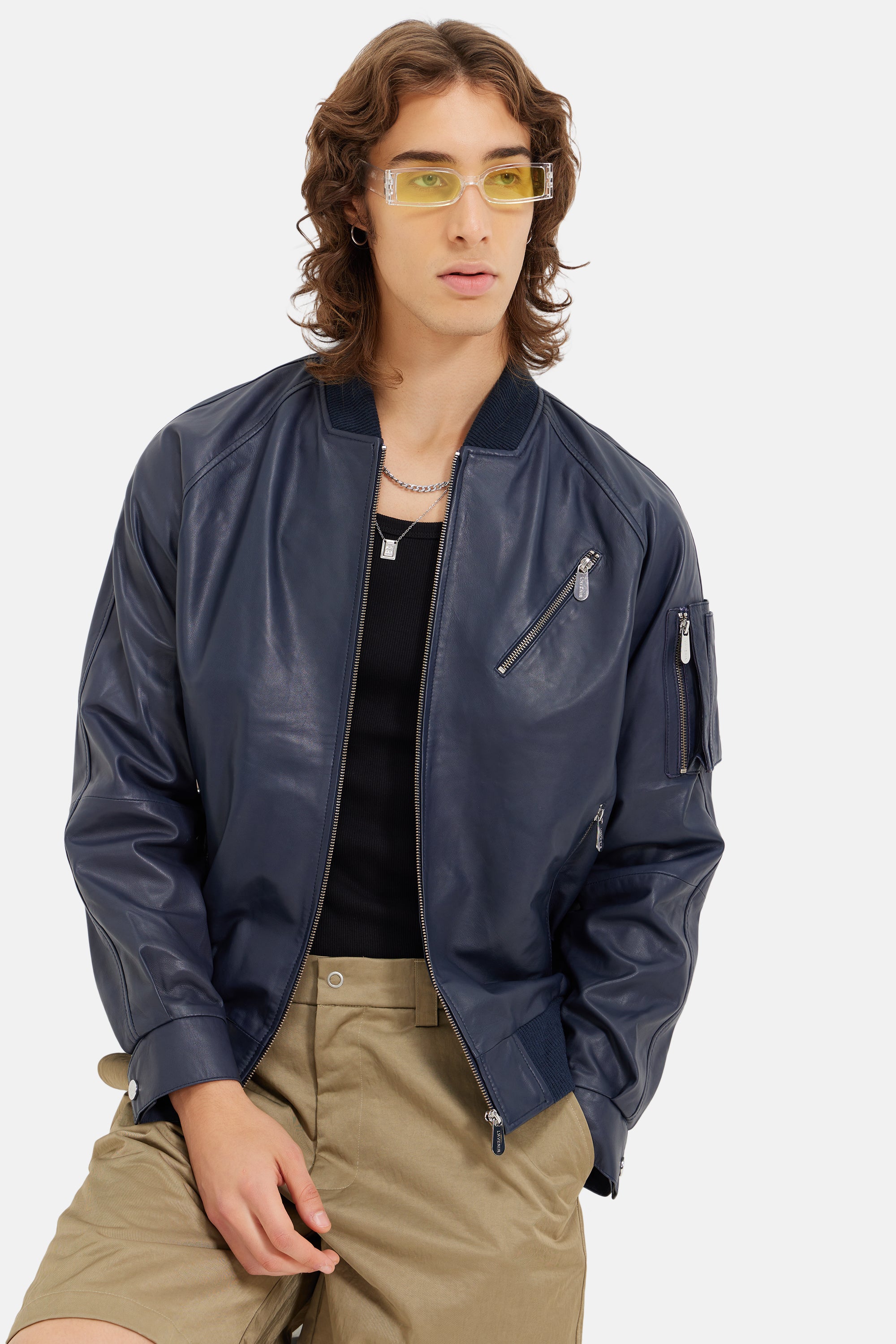 Rider - Utility Bomber Leather Jacket - Navy Blue