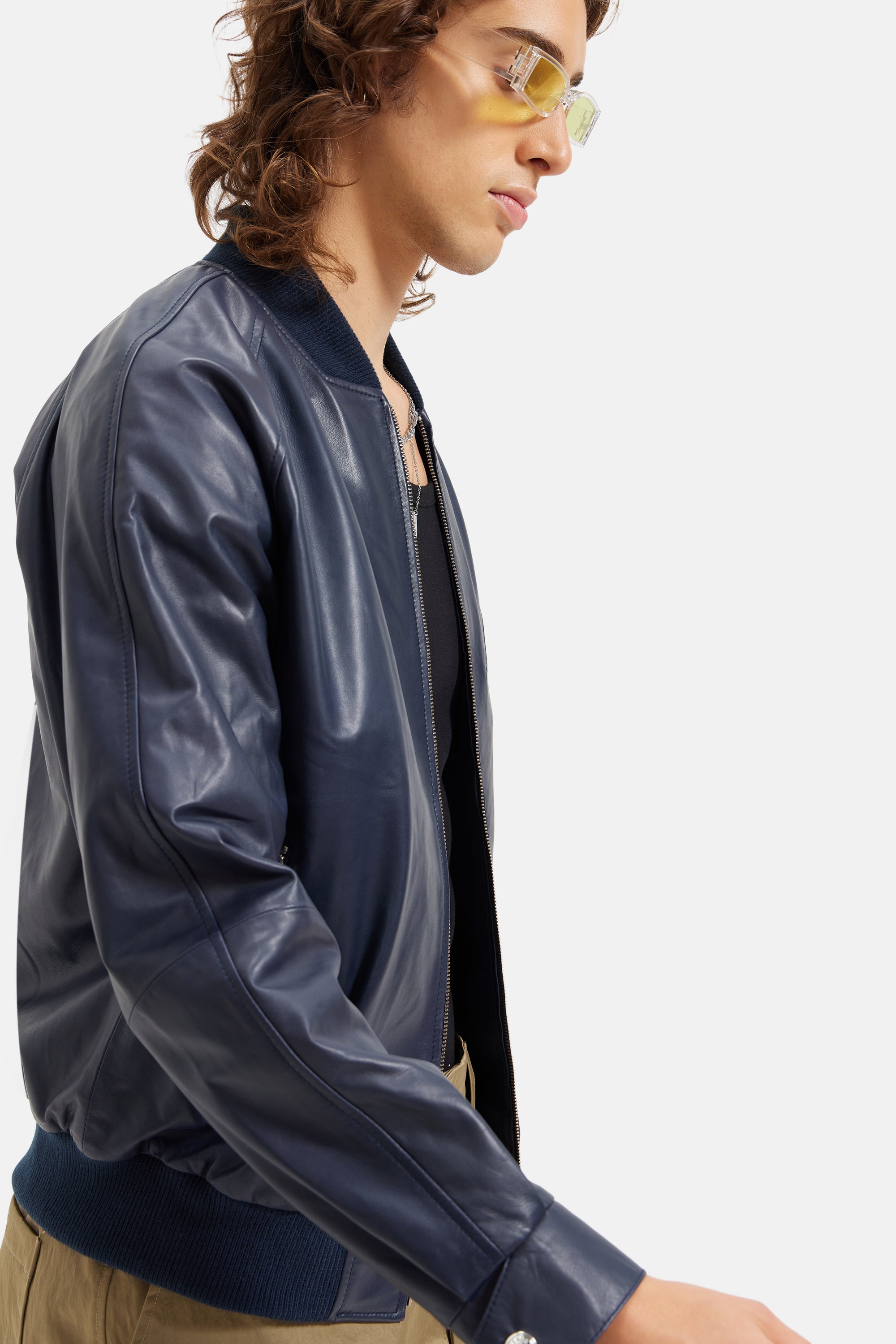 Rider - Utility Bomber Leather Jacket - Navy Blue