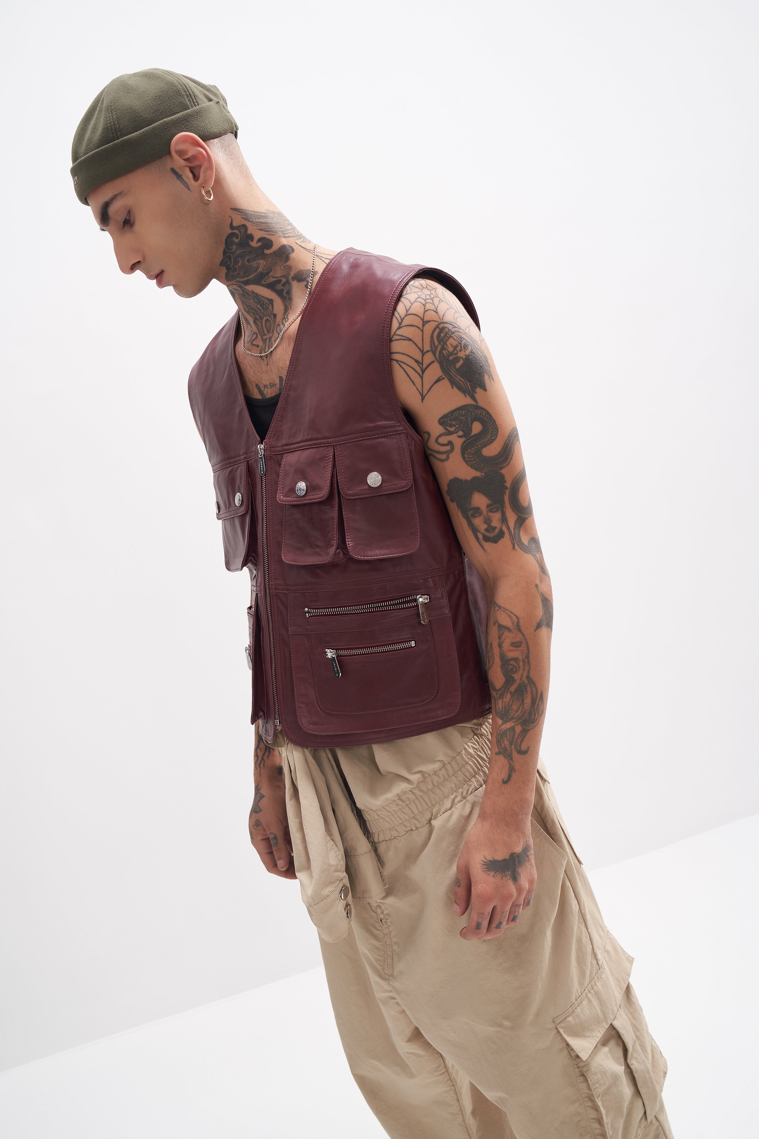 Xavier - Leather Utility Gilet - Wine