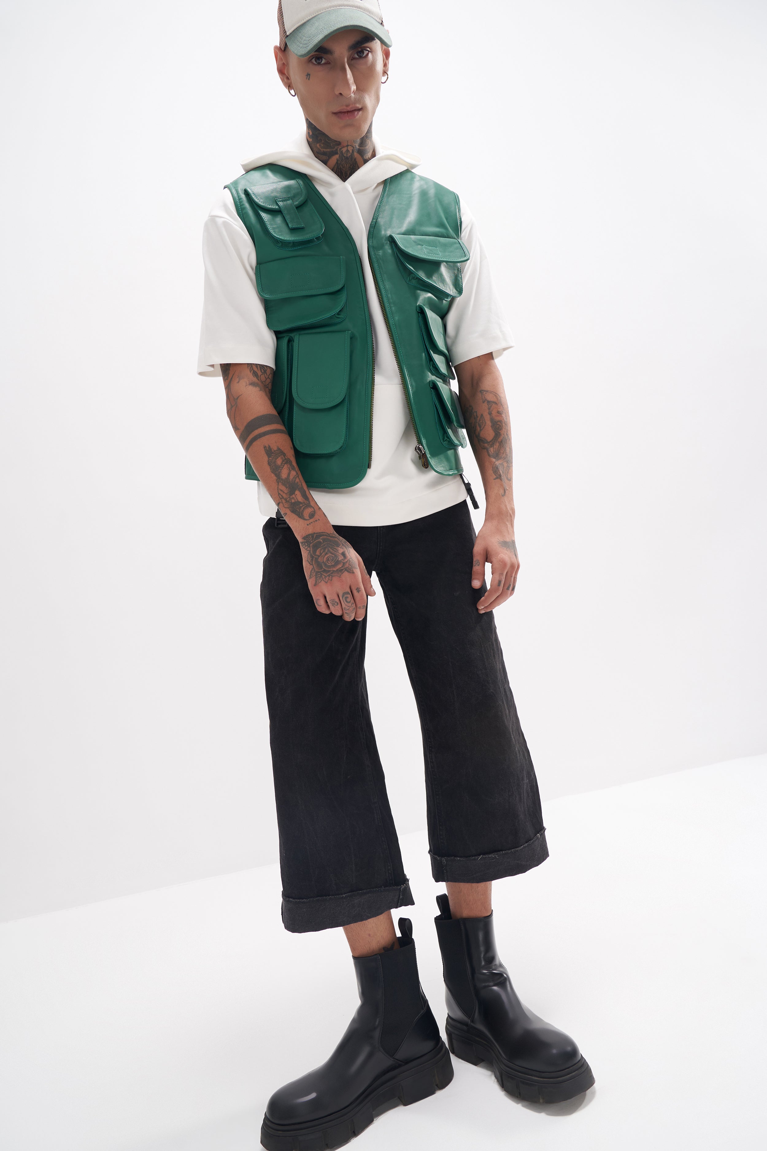 Otis - Leather Utility Gilet - Green