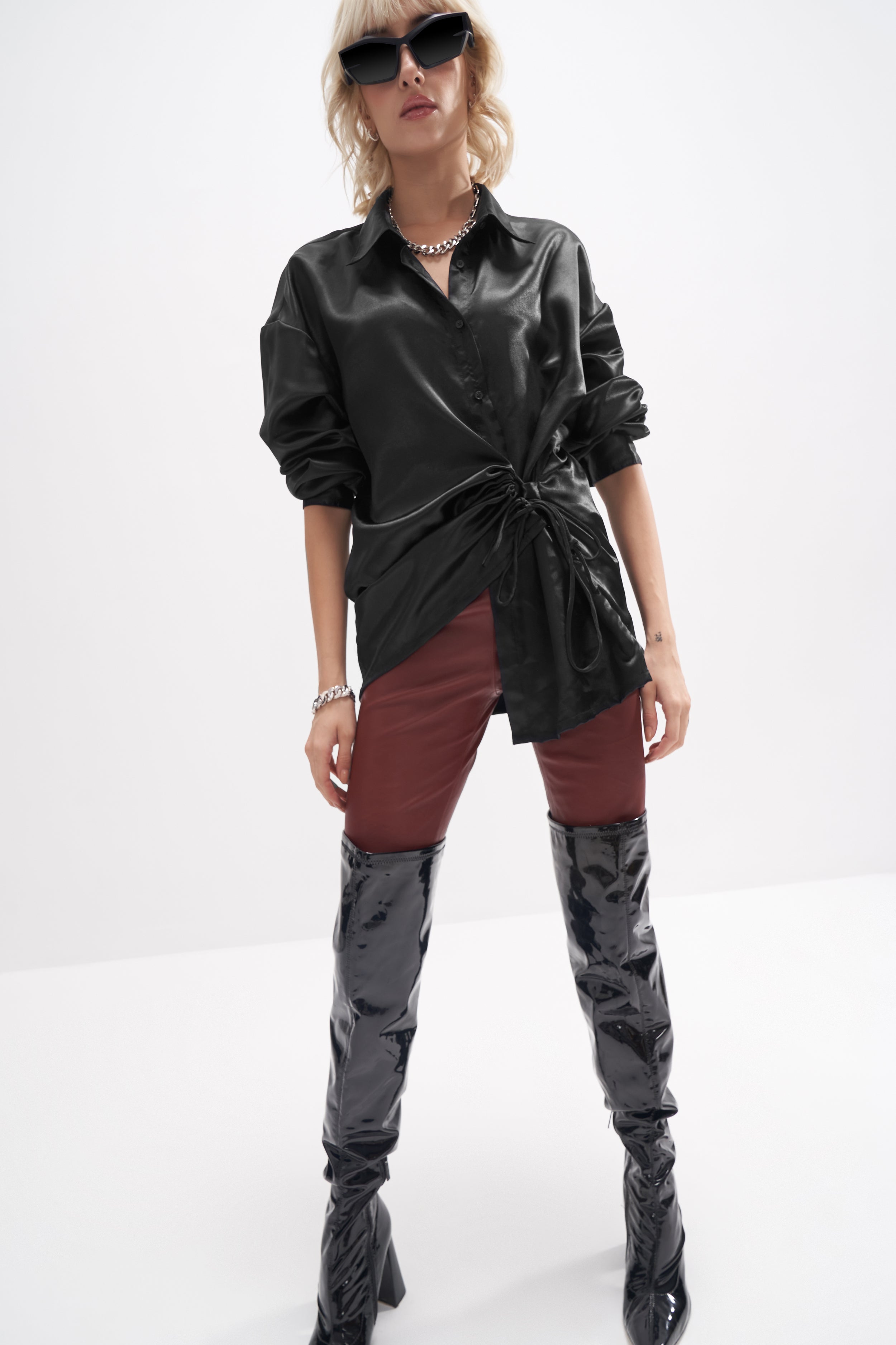 Savannah - Satin Wrap Shirt - Black