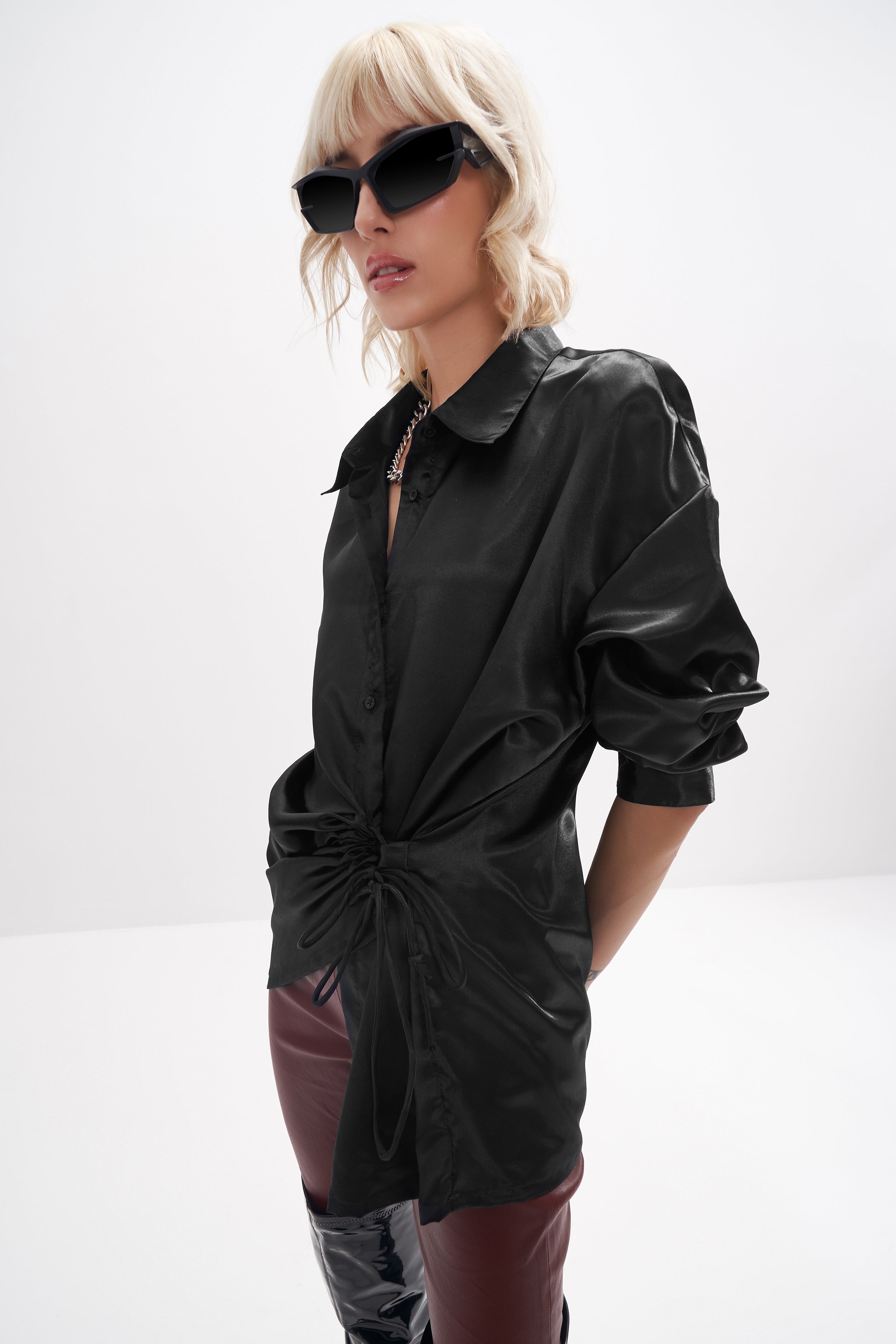 Savannah - Satin Wrap Shirt - Black