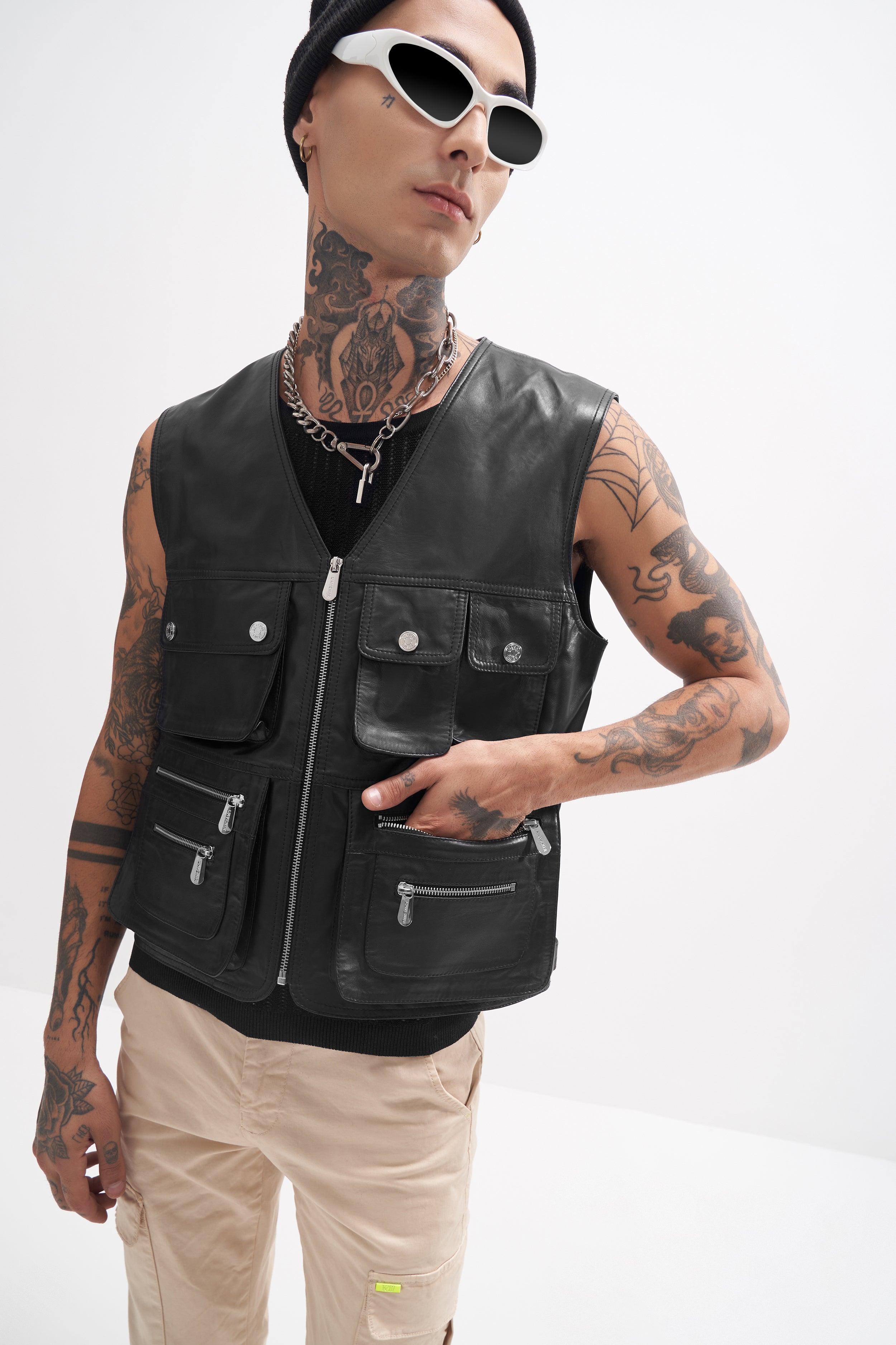 Xavier - Leather Utility Gilet - Black