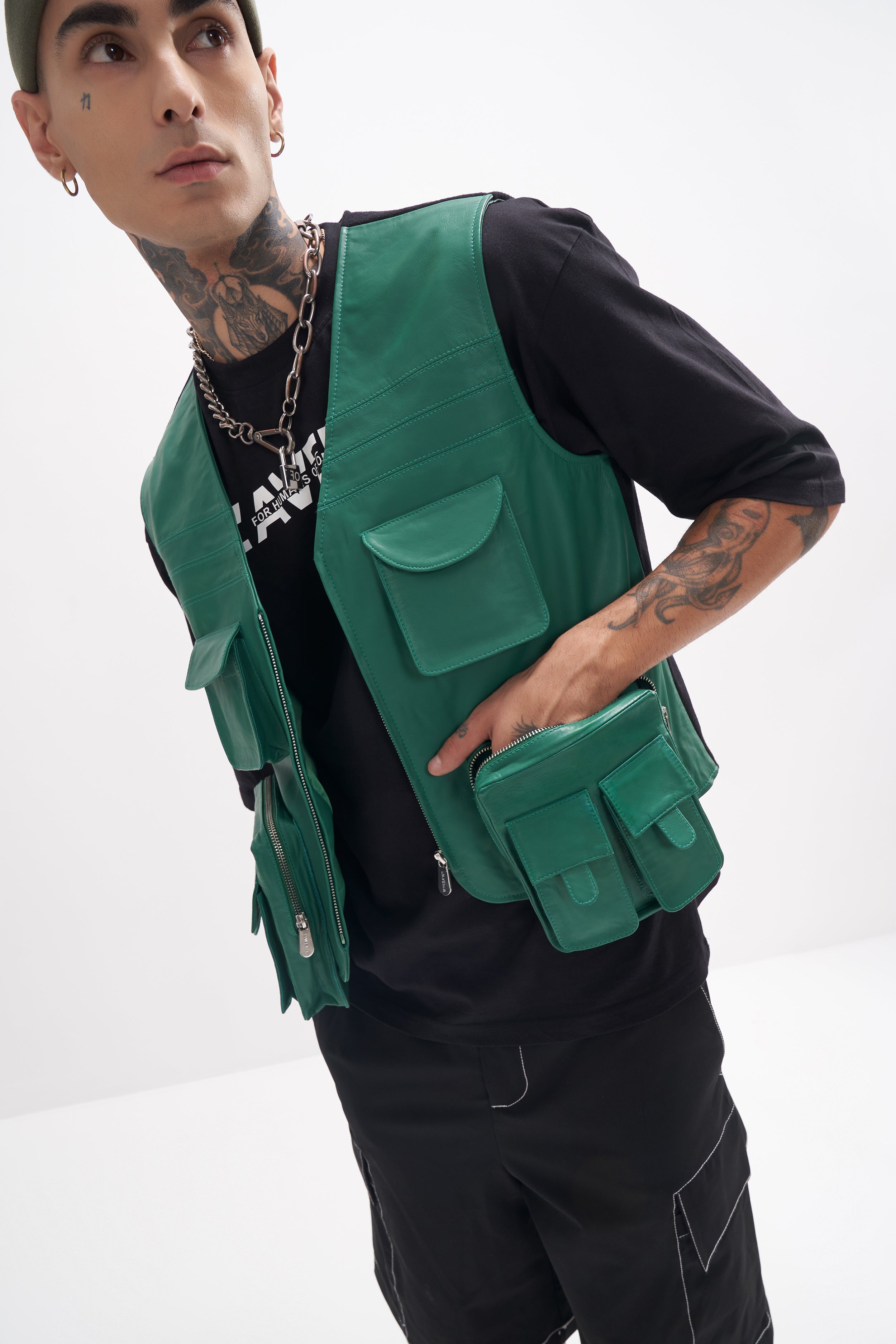 Rasmus - Unisex Technical Leather Gilet - Green/Black