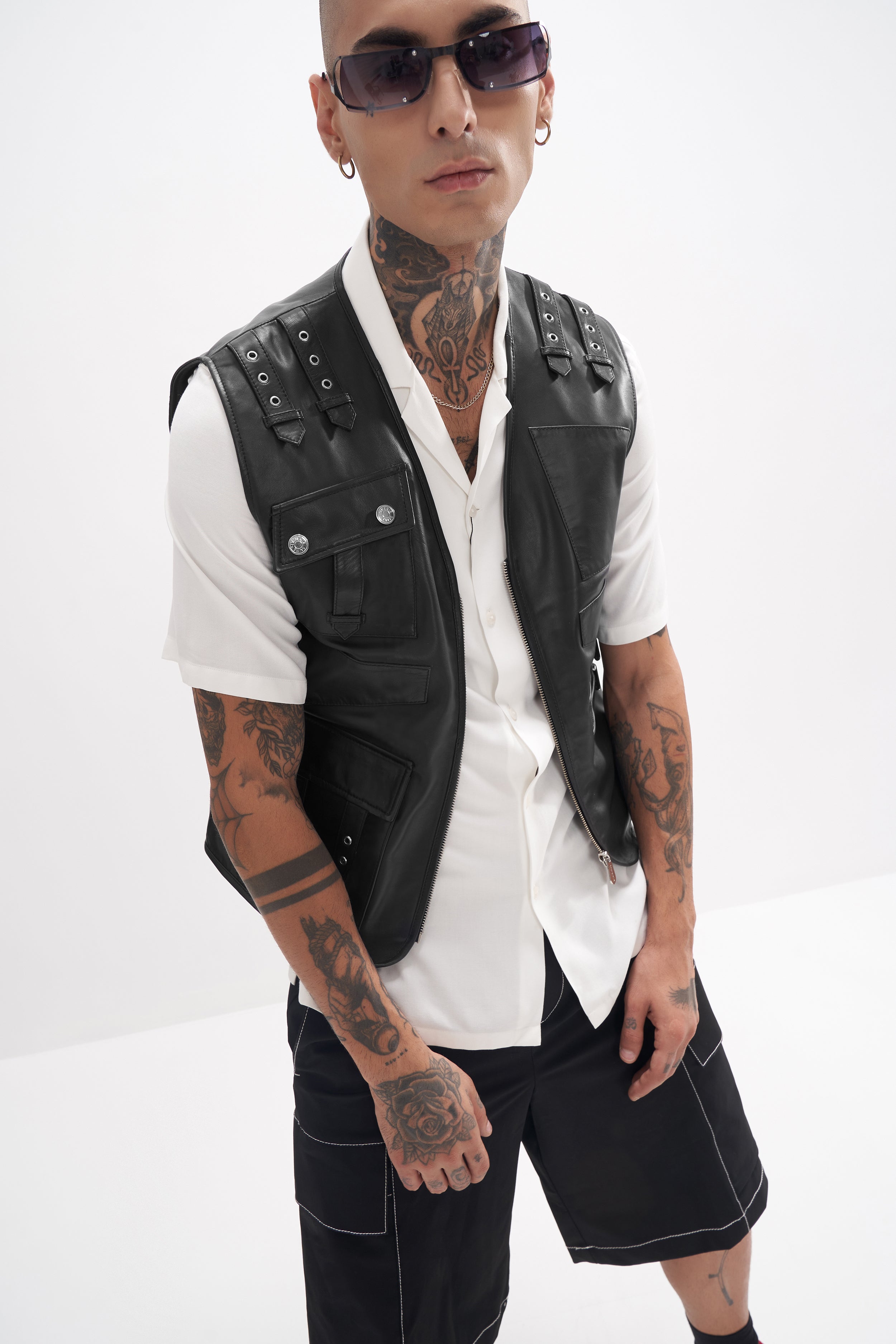 Ralph - Leather Utility Biker Gilet - Black