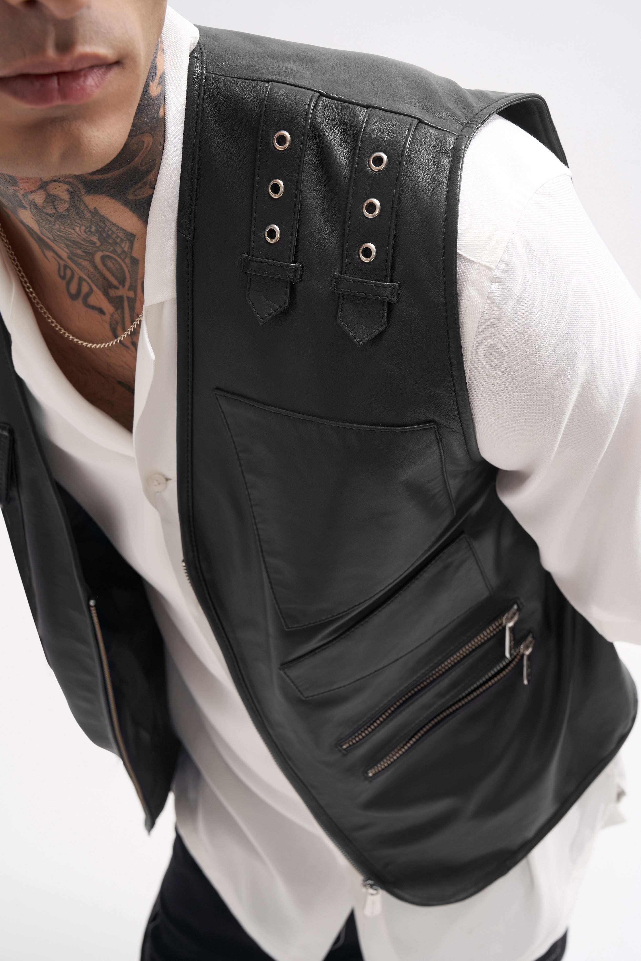 Ralph - Leather Utility Biker Gilet - Black