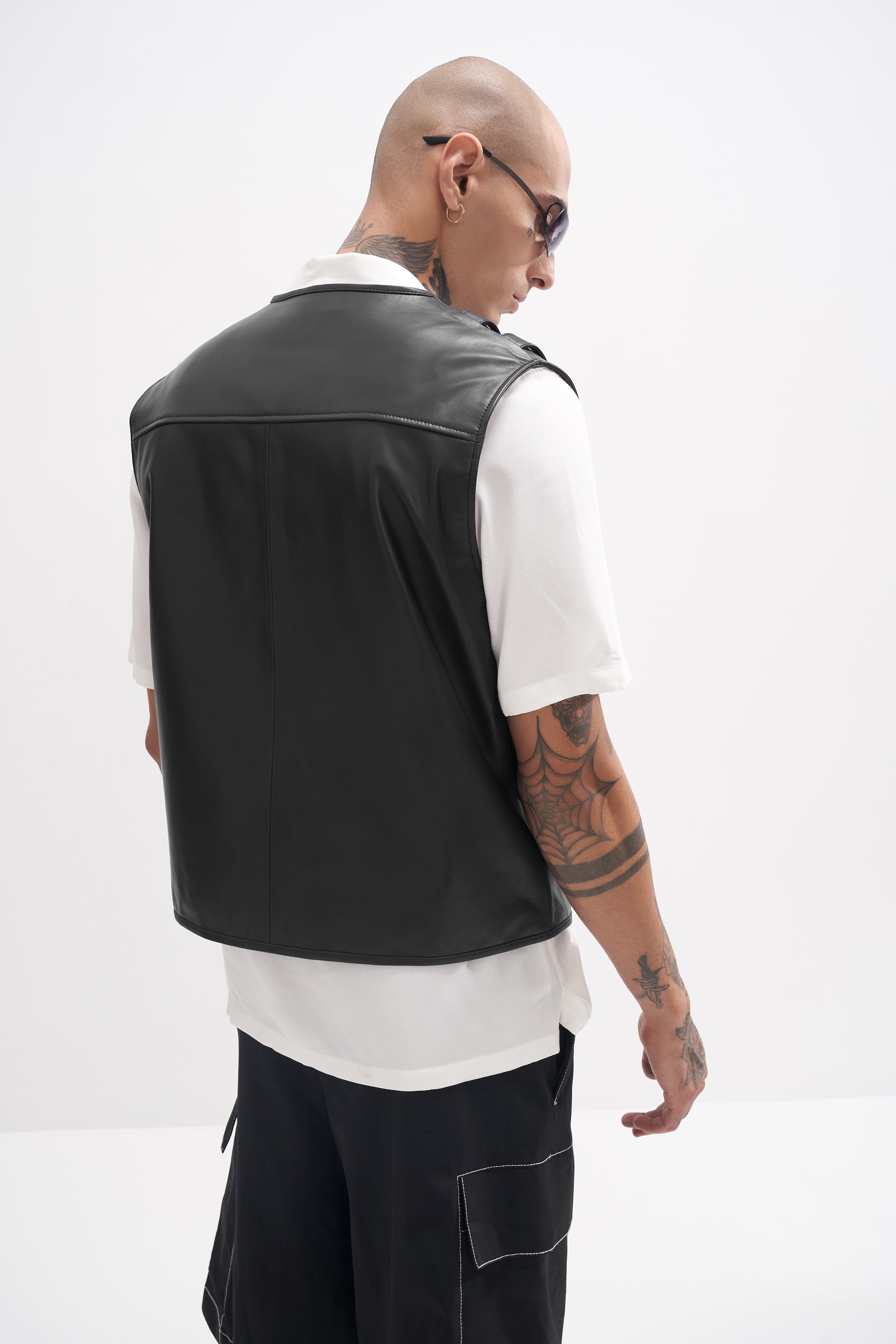 Ralph - Leather Utility Biker Gilet - Black