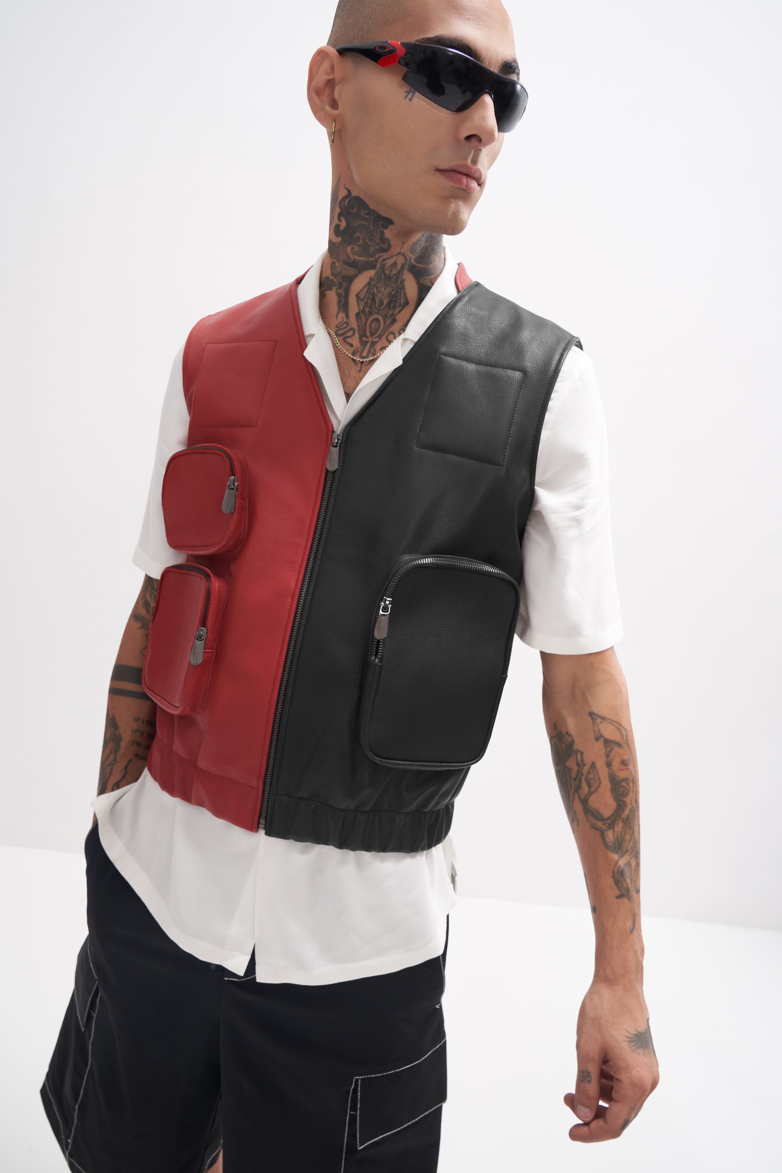 Edur - Leather Utility Gilet - Red/Black