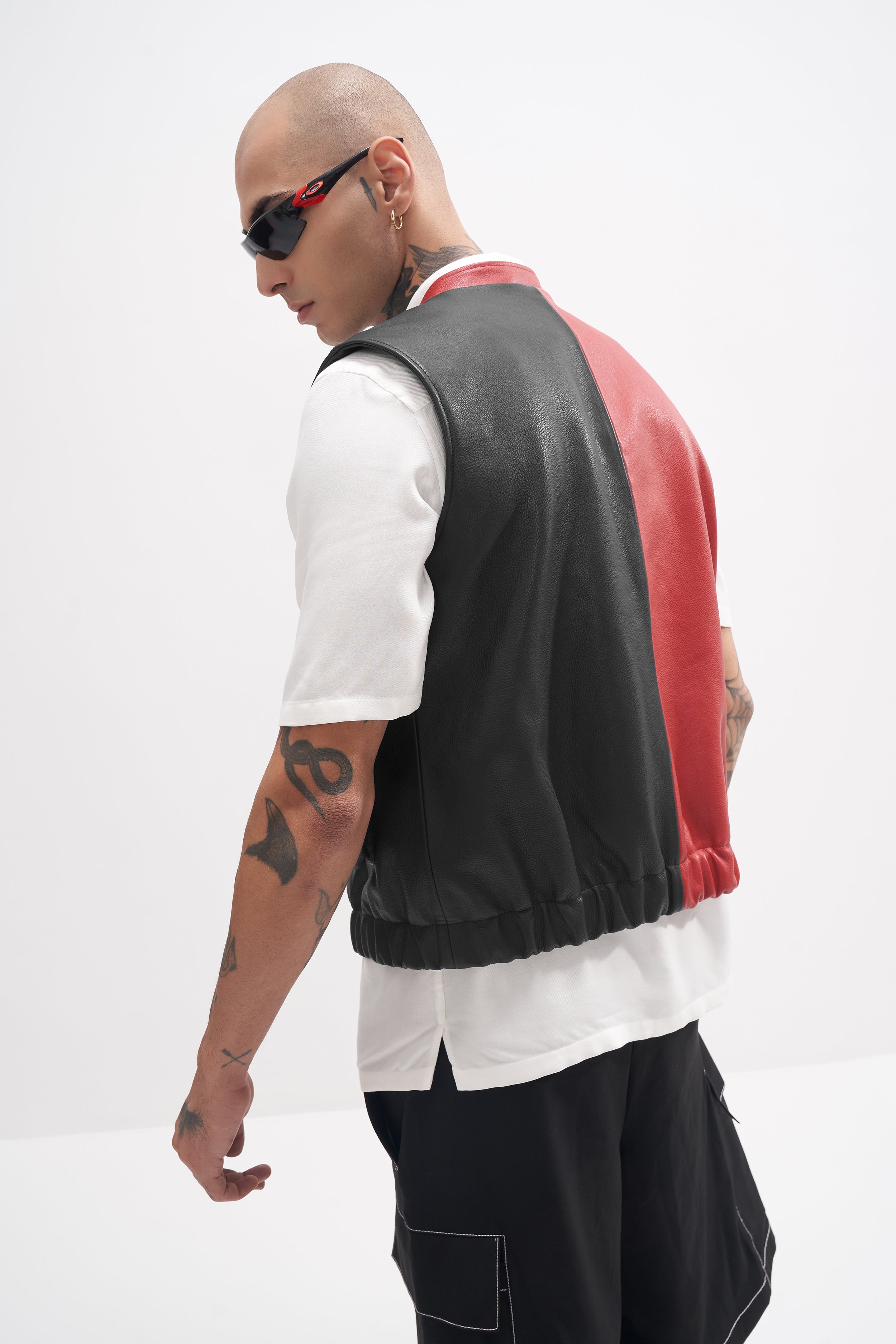 Edur - Leather Utility Gilet - Red/Black