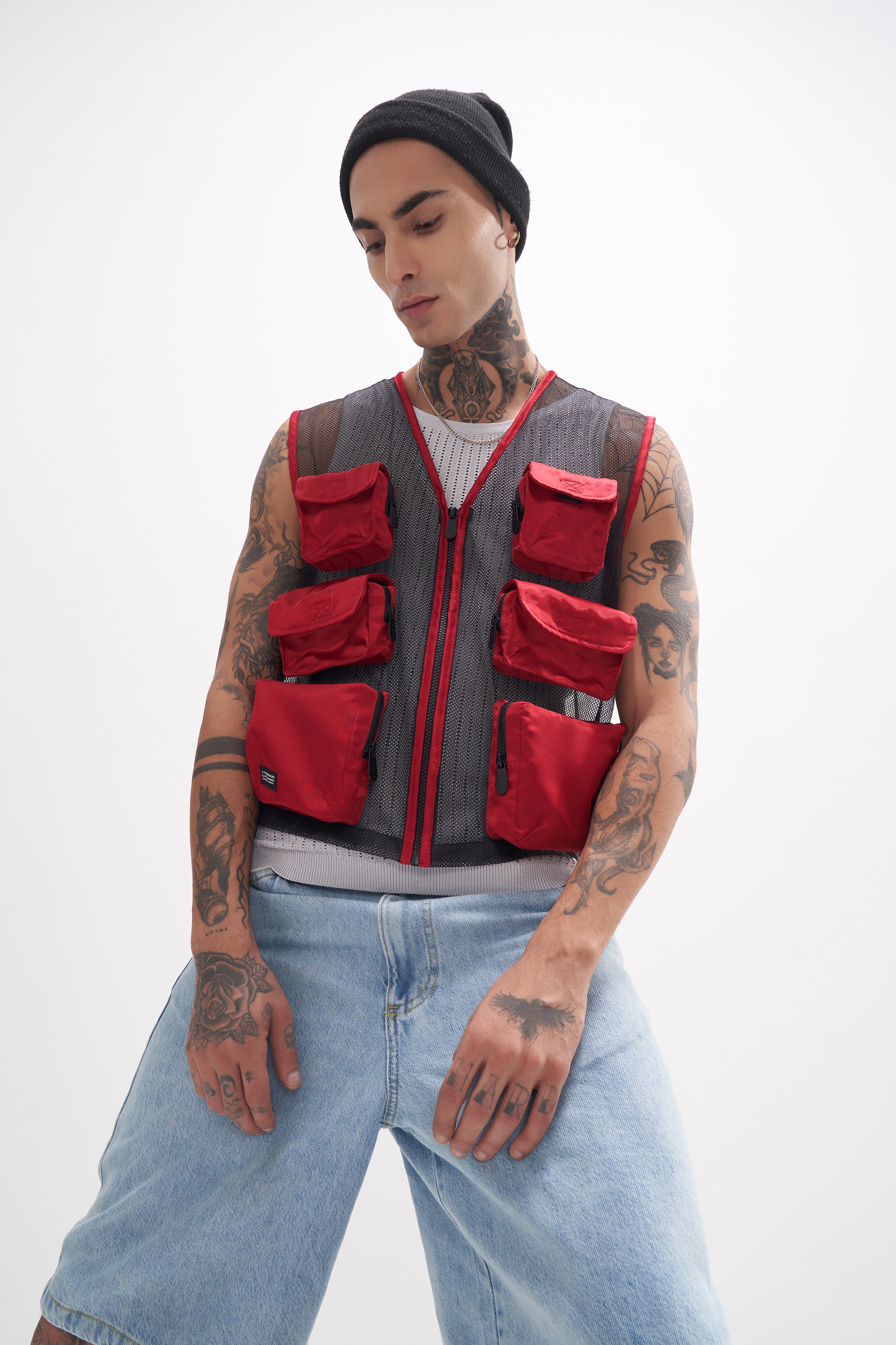 Uno - Unisex Mesh Nylon Utility Gilet - Black and Red