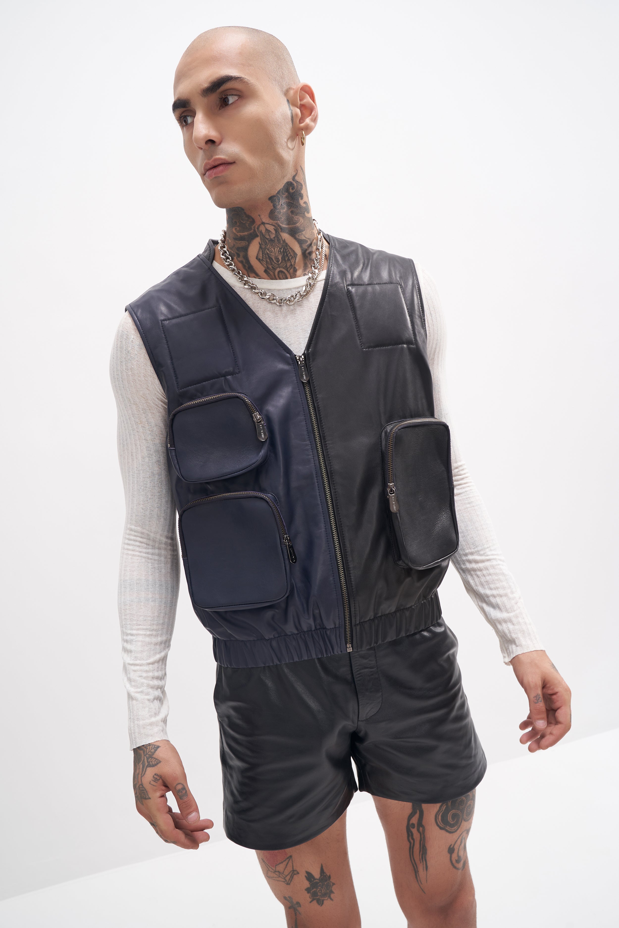 Edur - Leather Utility Gilet - Navy/Black