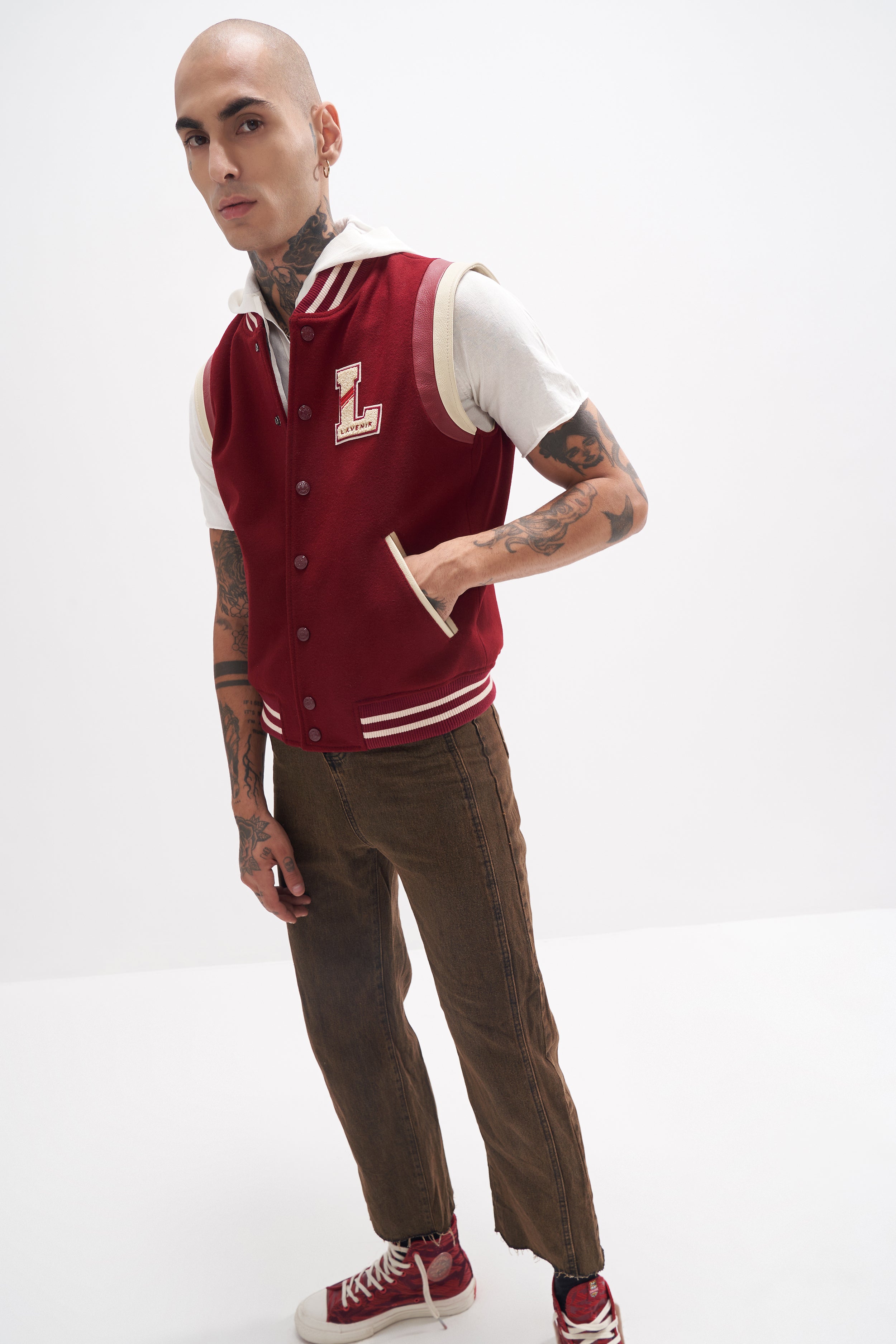 Joro - Unisex Varsity Gilet - Burgundy / Off-White