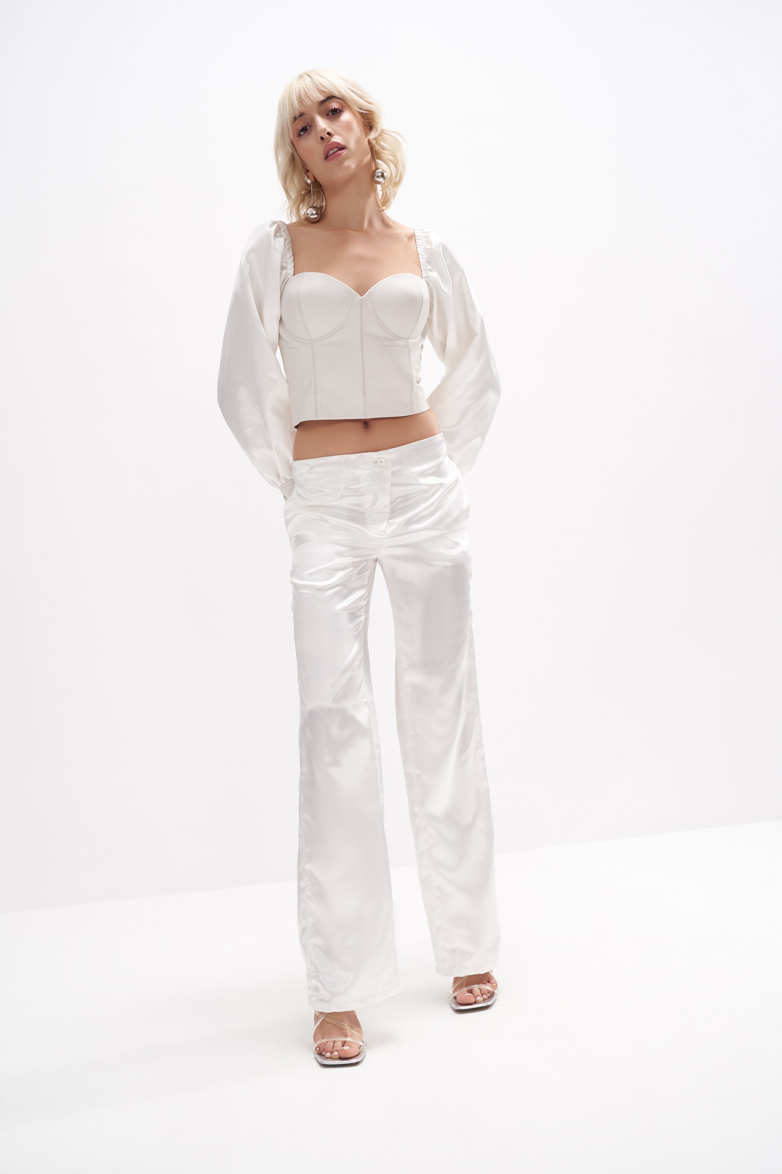 Amy Co-Ord Set - Leather & Satin Mix - White